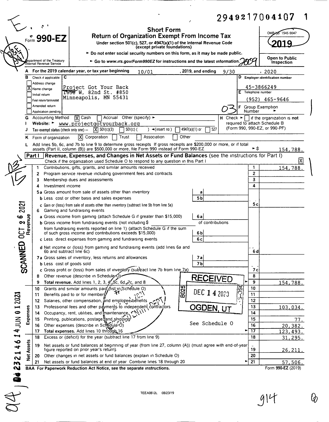 Image of first page of 2019 Form 990EZ for Project Got Your Back