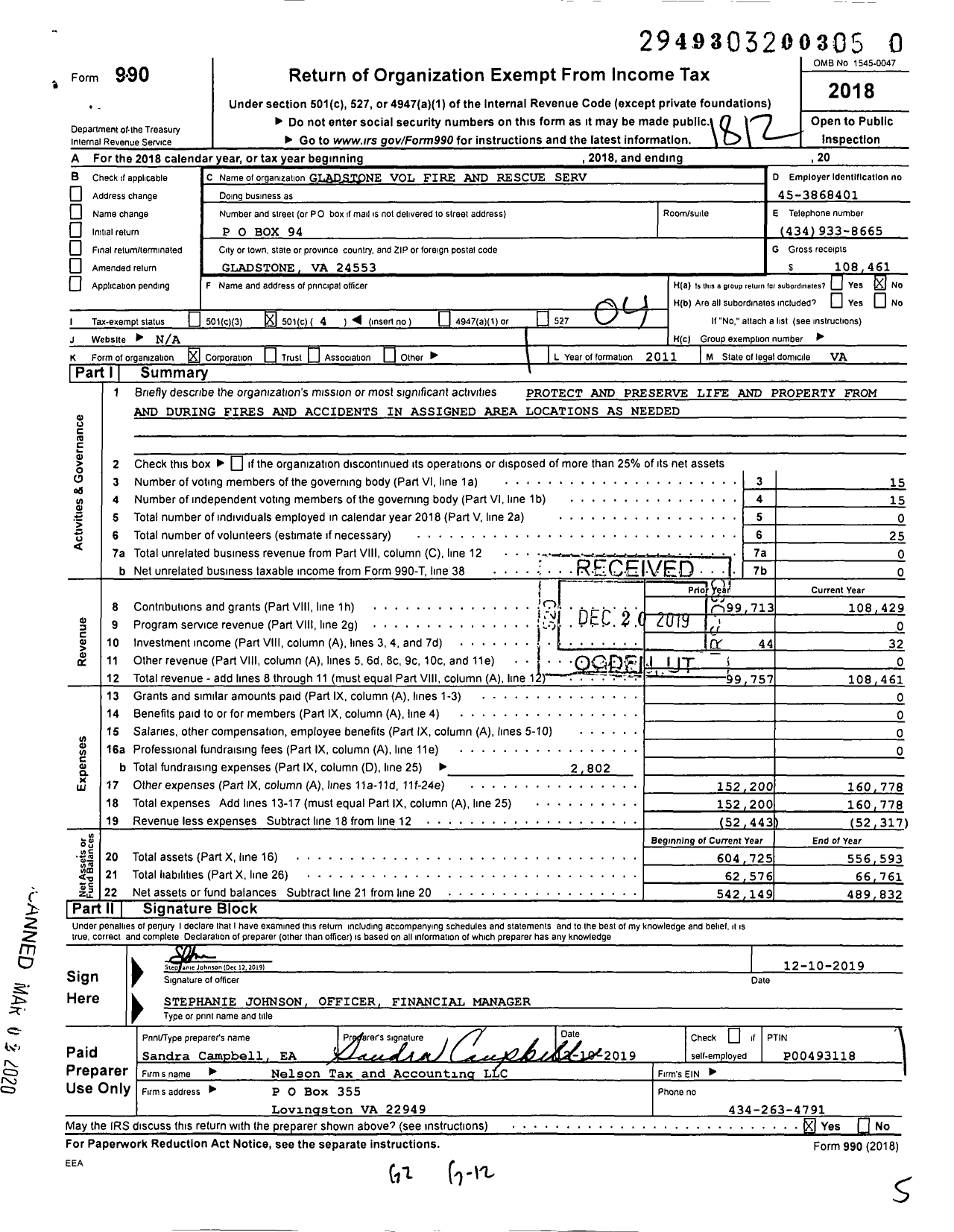 Image of first page of 2018 Form 990O for Gladstone Volunteer Fire and Rescue Service