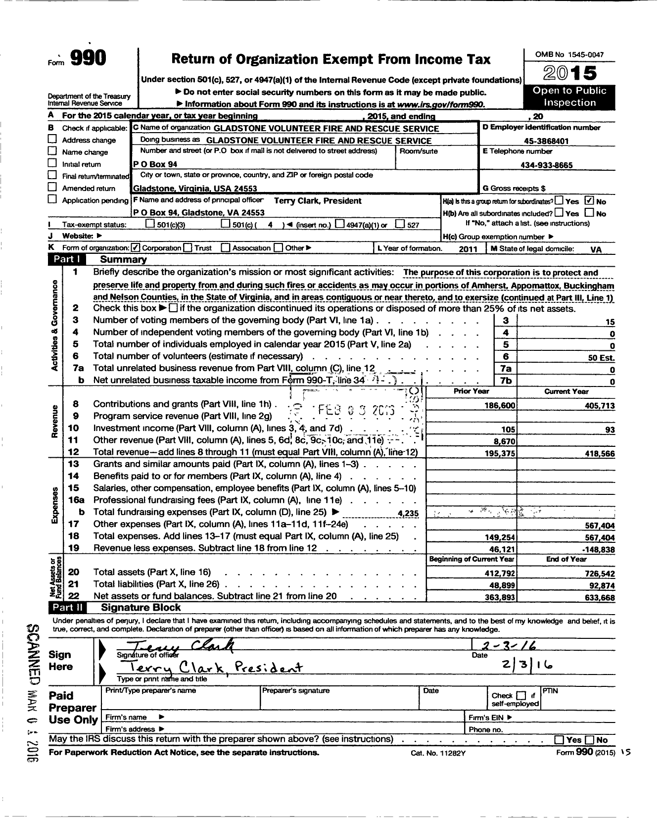 Image of first page of 2015 Form 990O for Gladstone Volunteer Fire and Rescue Service