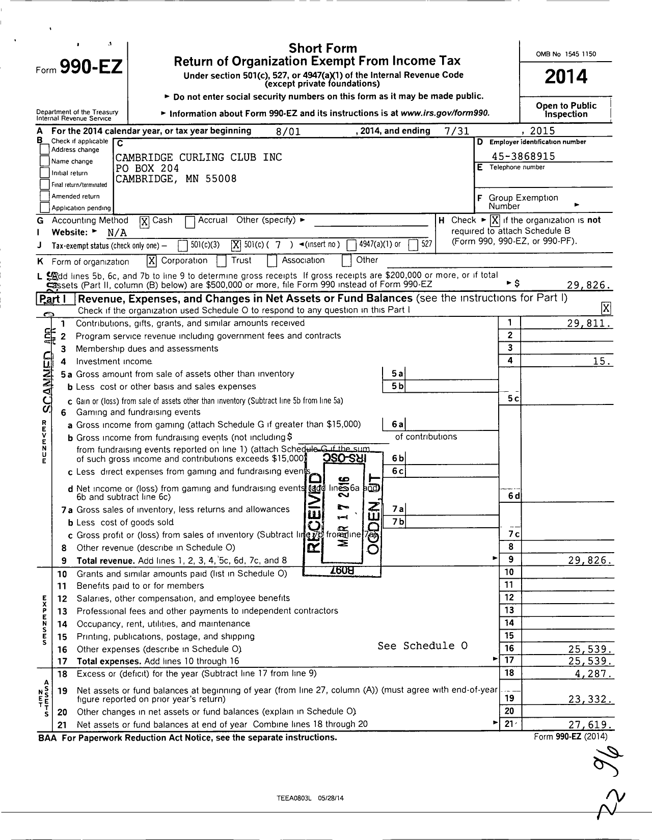 Image of first page of 2014 Form 990EO for Cambridge Curling Club