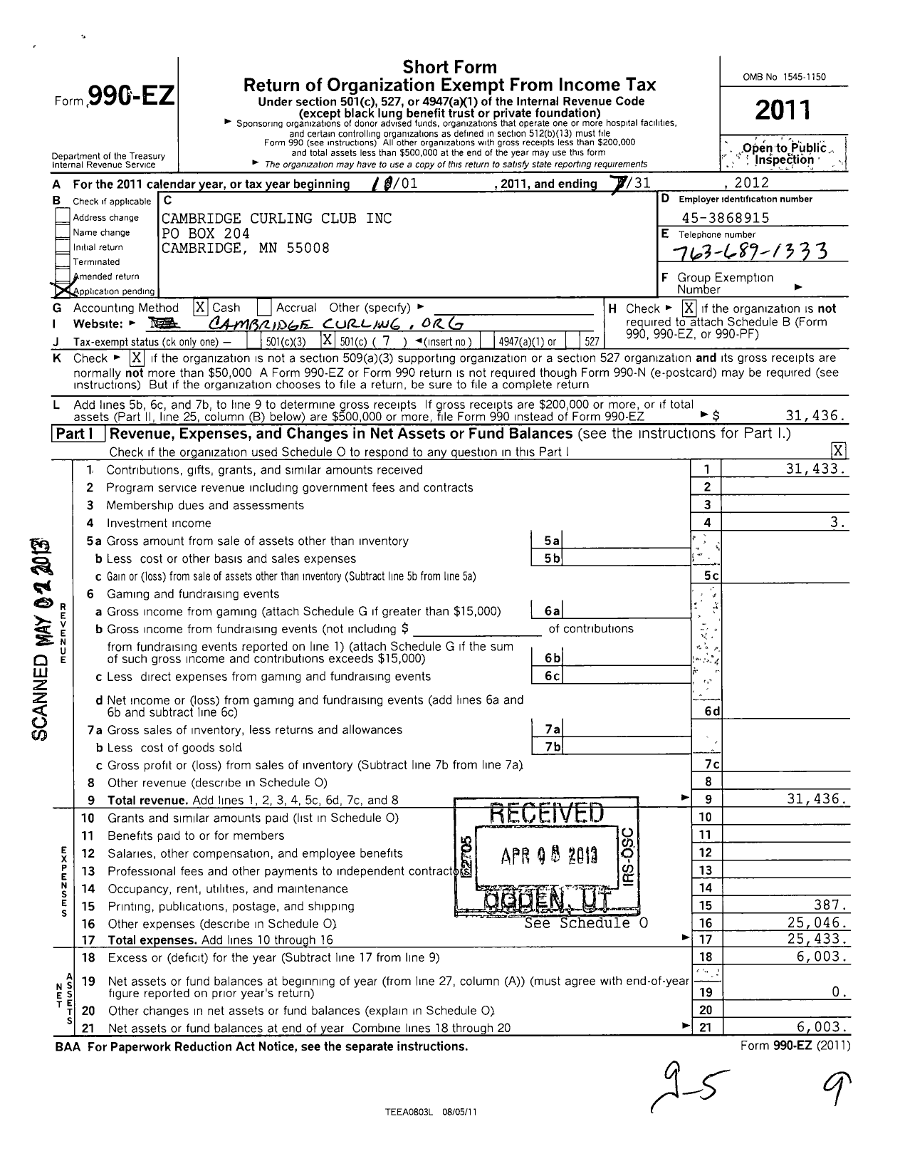 Image of first page of 2011 Form 990EO for Cambridge Curling Club