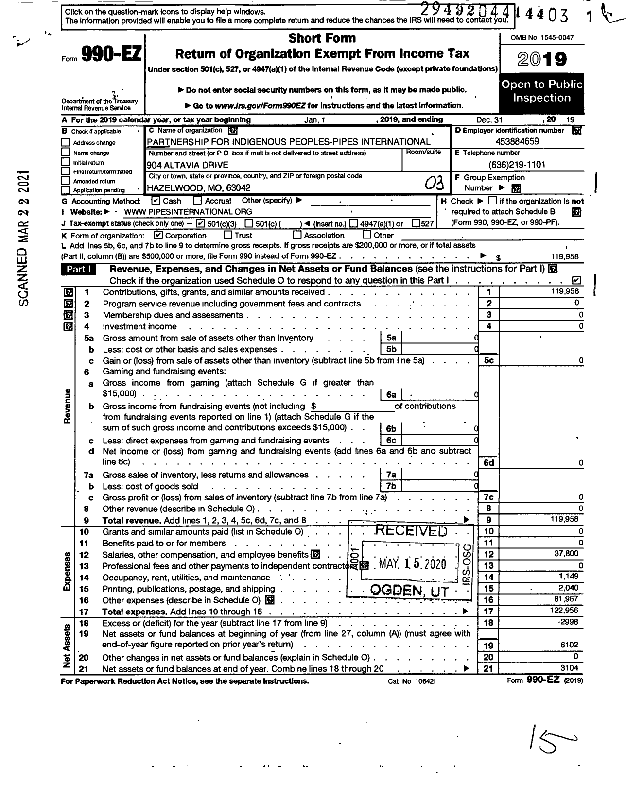 Image of first page of 2019 Form 990EZ for Partnership for Indigenous Peoples -pipes - International