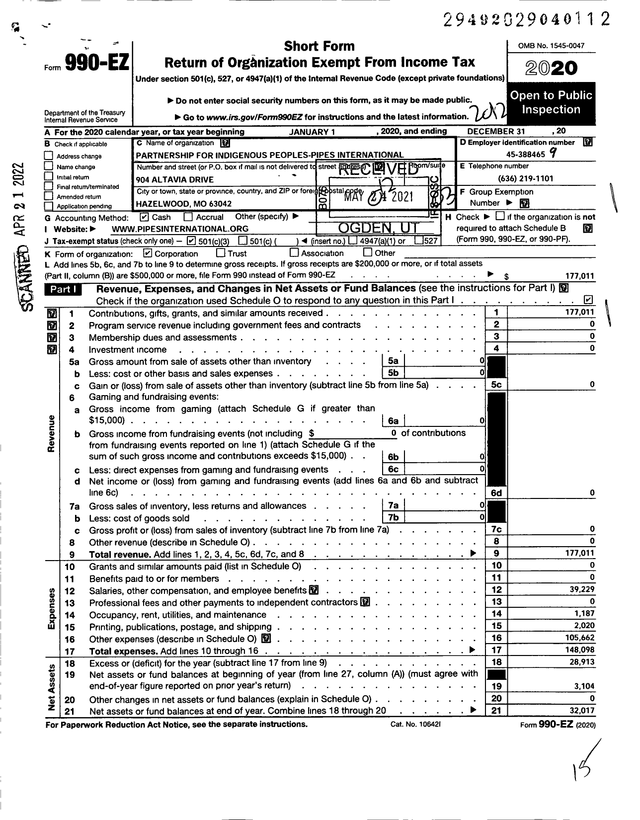 Image of first page of 2020 Form 990EZ for Partnership for Indigenous Peoples -pipes - International