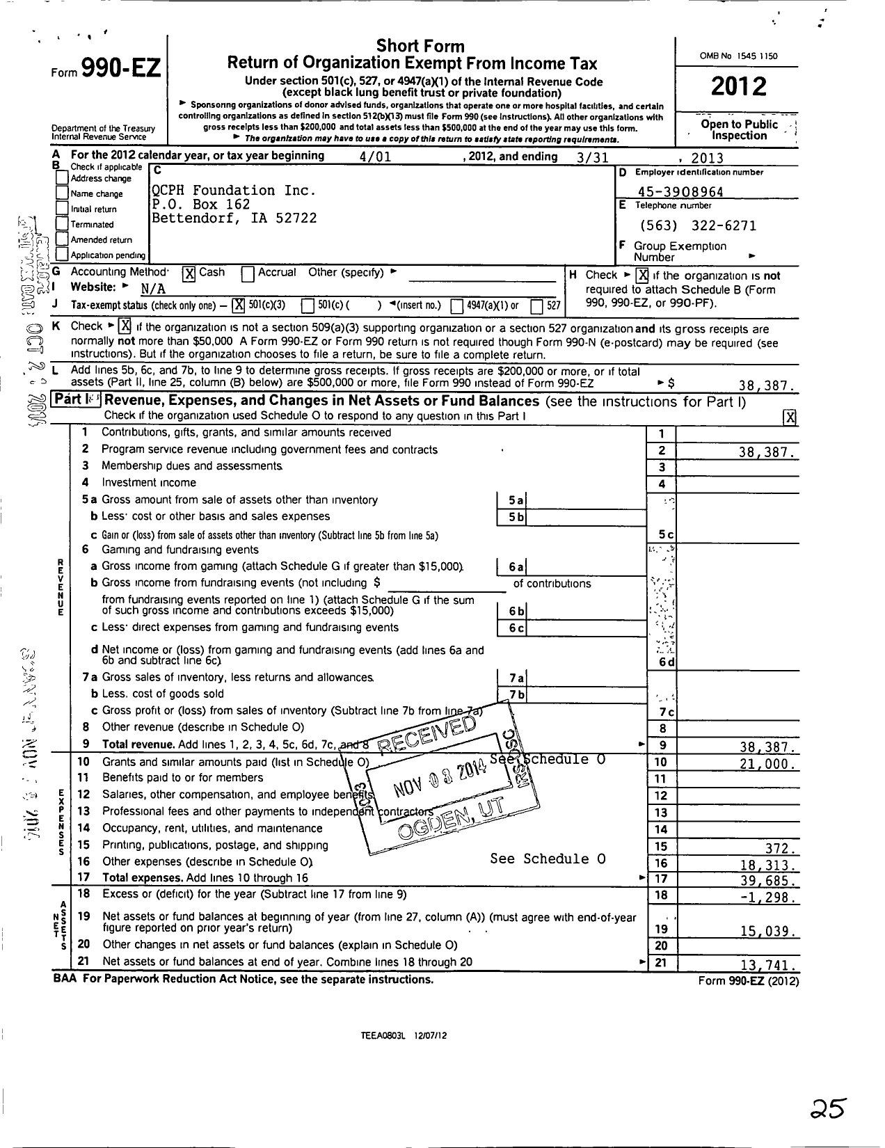 Image of first page of 2012 Form 990EZ for QCPH Foundation