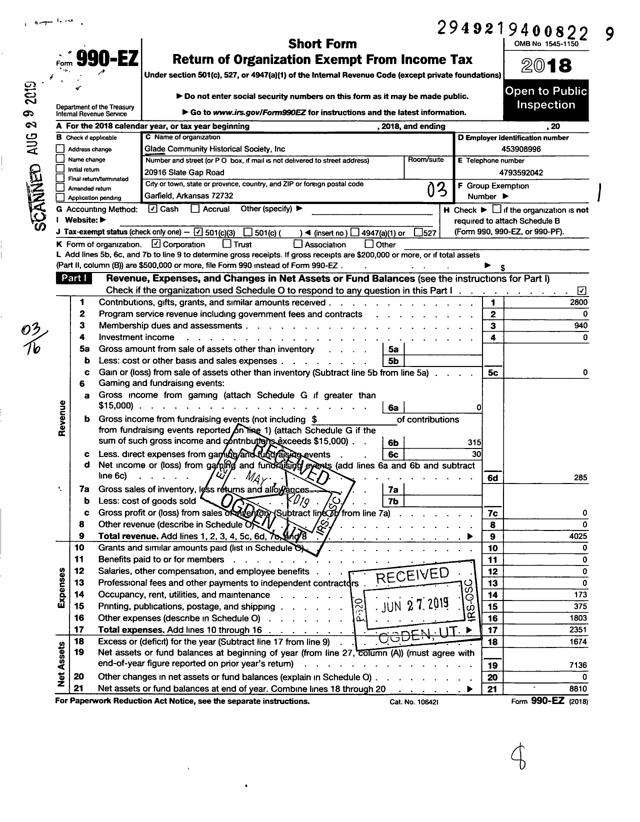 Image of first page of 2018 Form 990EZ for Glade Community Historical Society