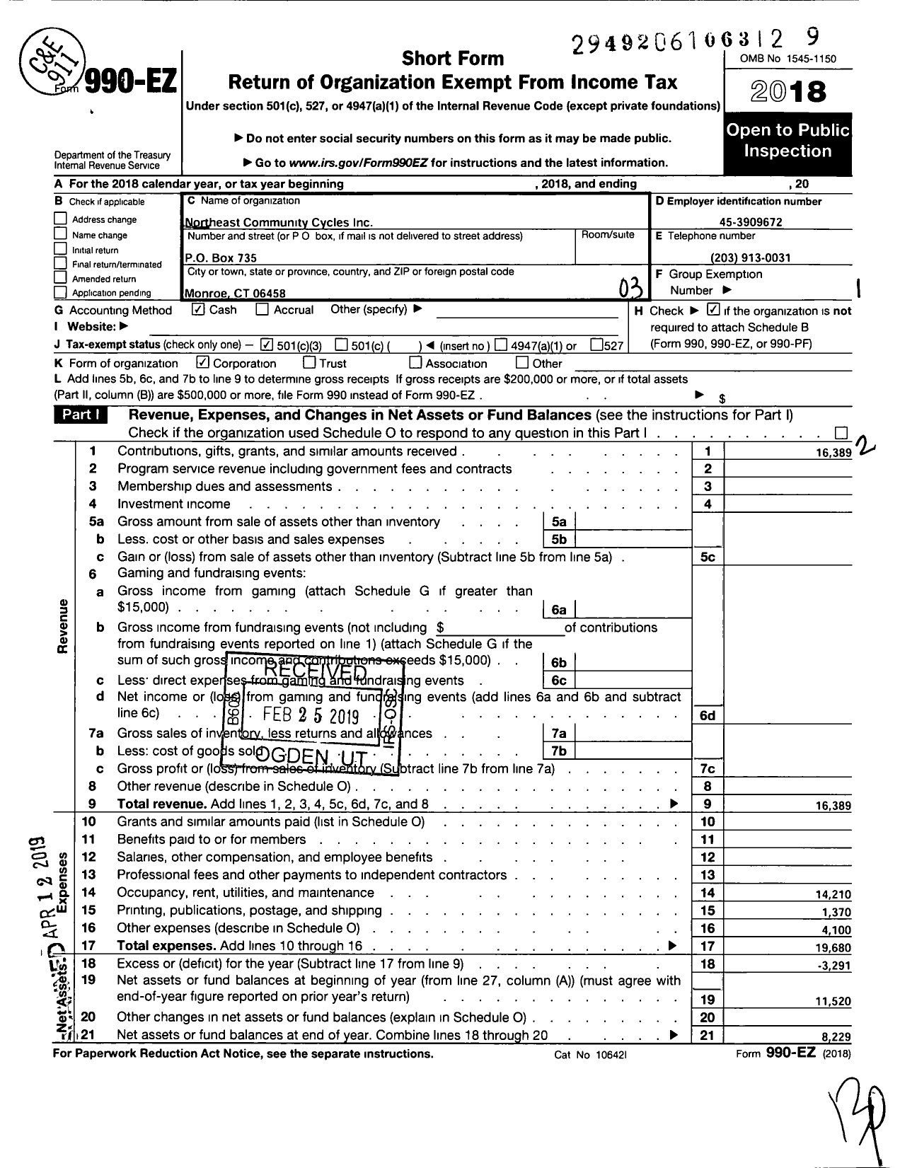 Image of first page of 2018 Form 990EZ for Northeast Community Cycles