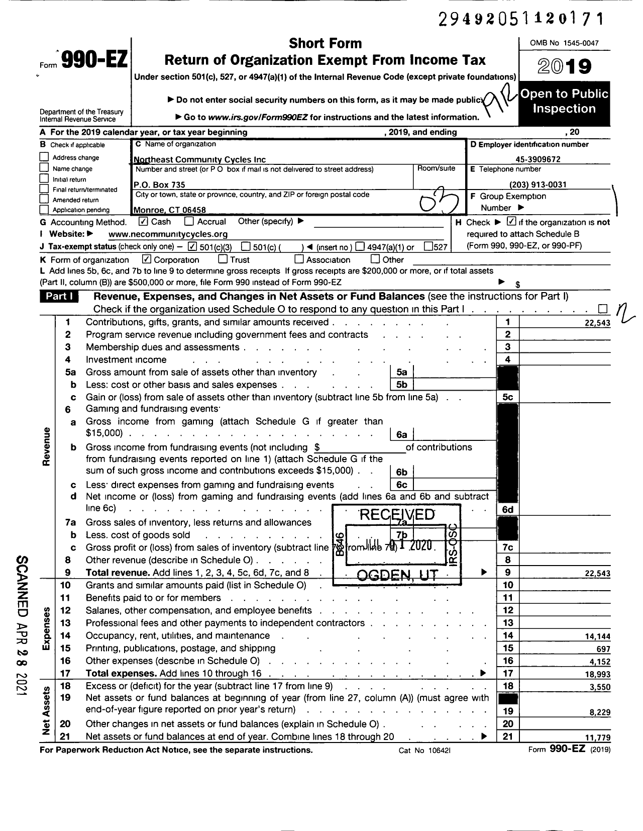 Image of first page of 2019 Form 990EZ for Northeast Community Cycles