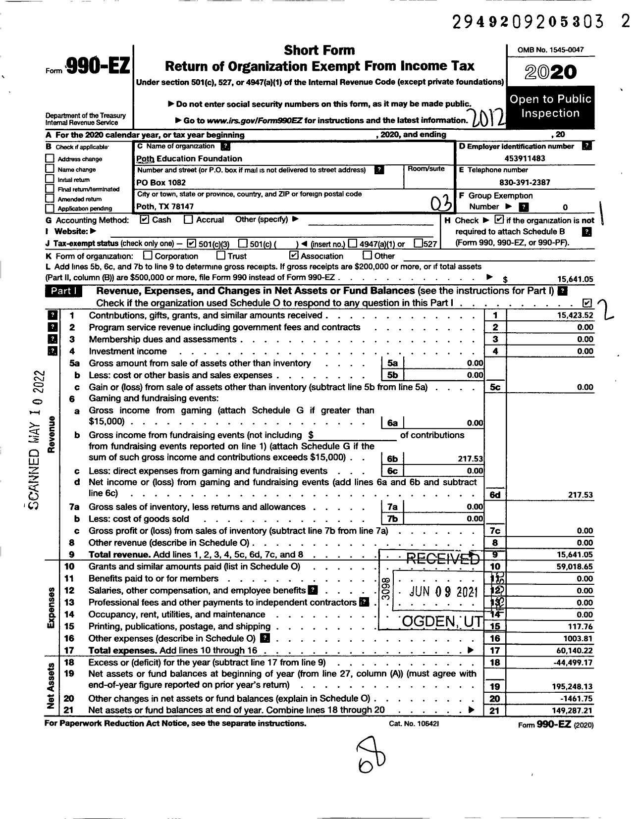 Image of first page of 2020 Form 990EZ for Poth Education Foundation