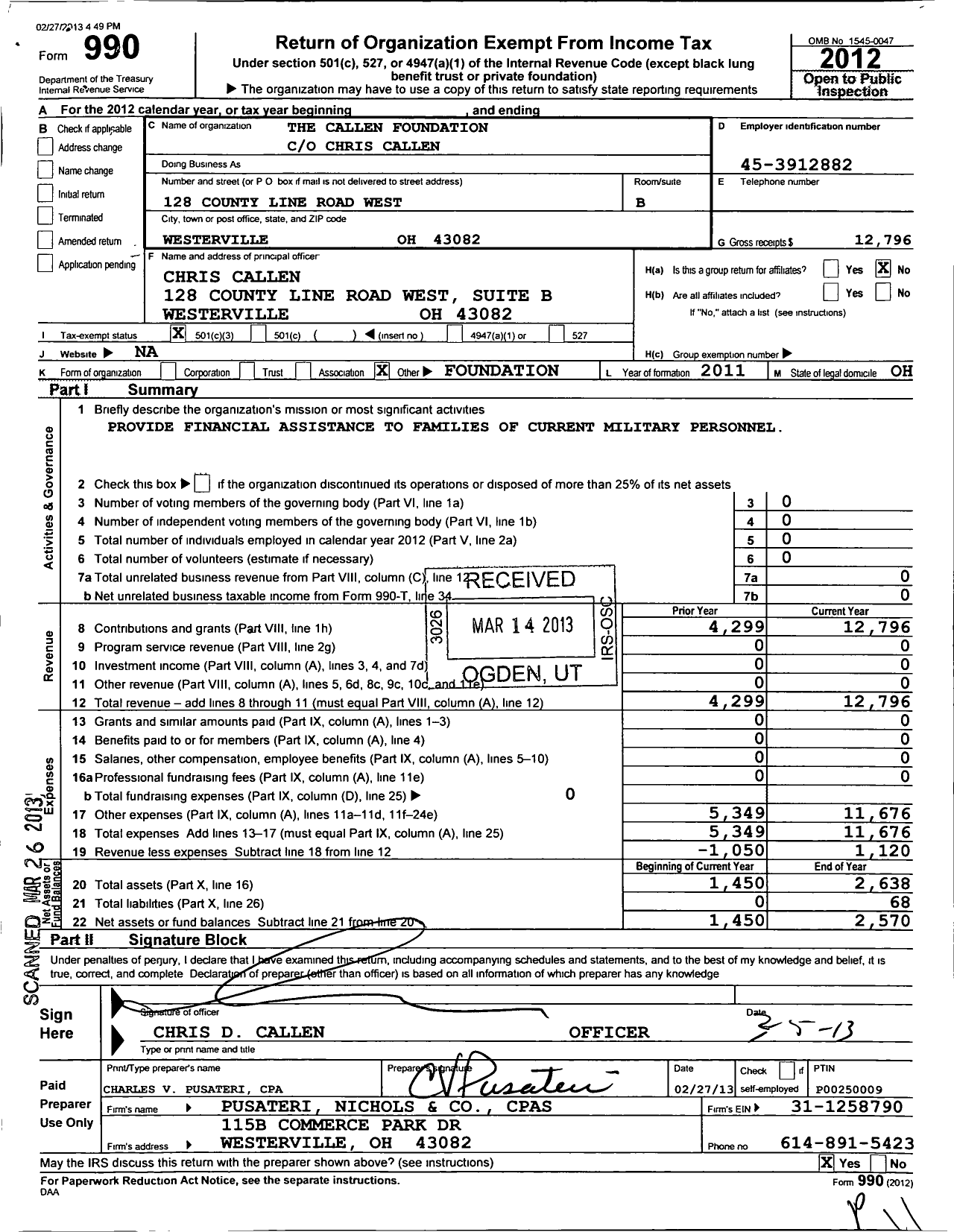 Image of first page of 2012 Form 990 for The Callen Foundation