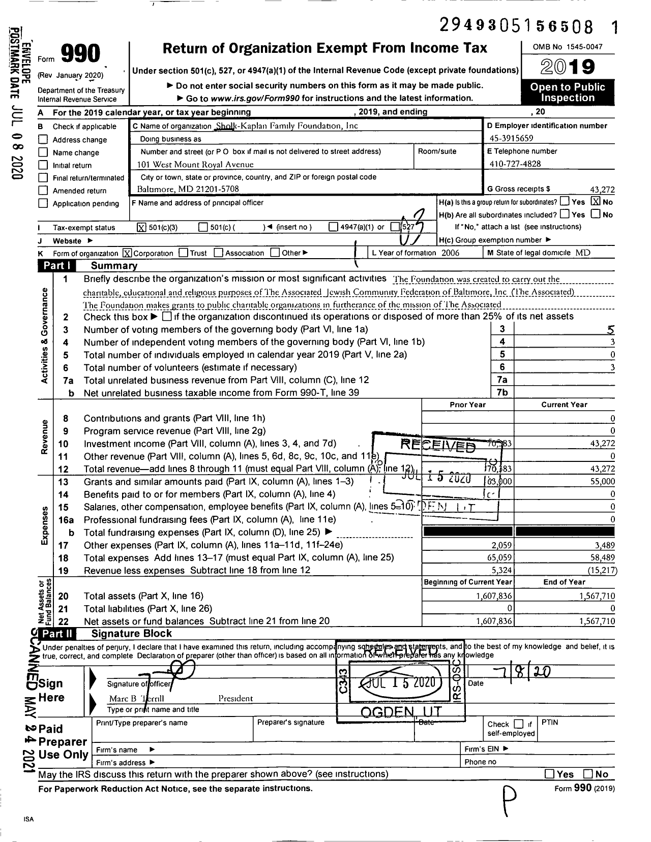 Image of first page of 2019 Form 990 for Sholk-Kaplan Family Foundation