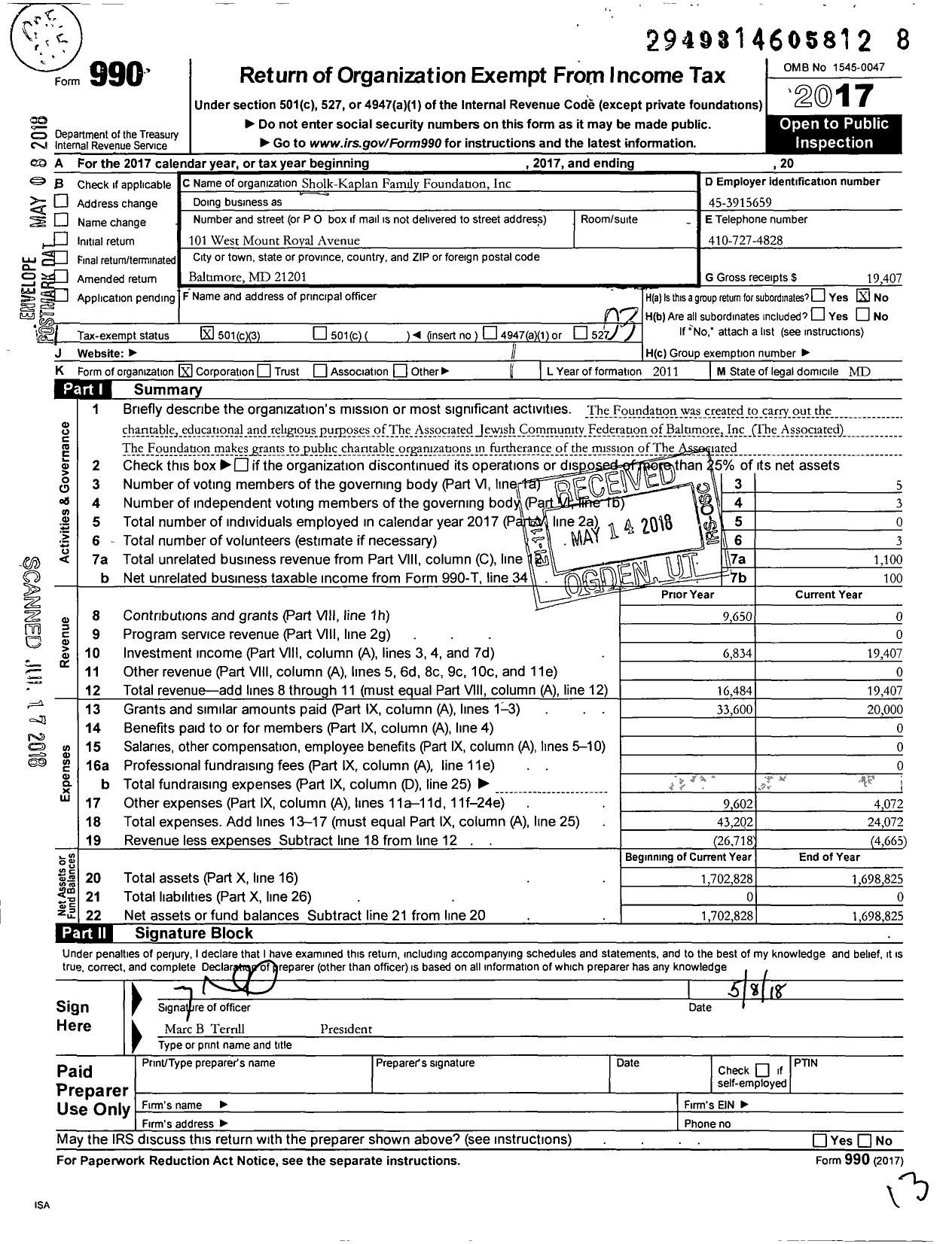 Image of first page of 2017 Form 990 for Sholk-Kaplan Family Foundation