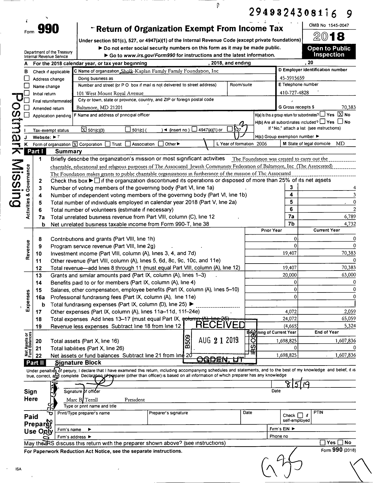 Image of first page of 2018 Form 990 for Sholk-Kaplan Family Foundation
