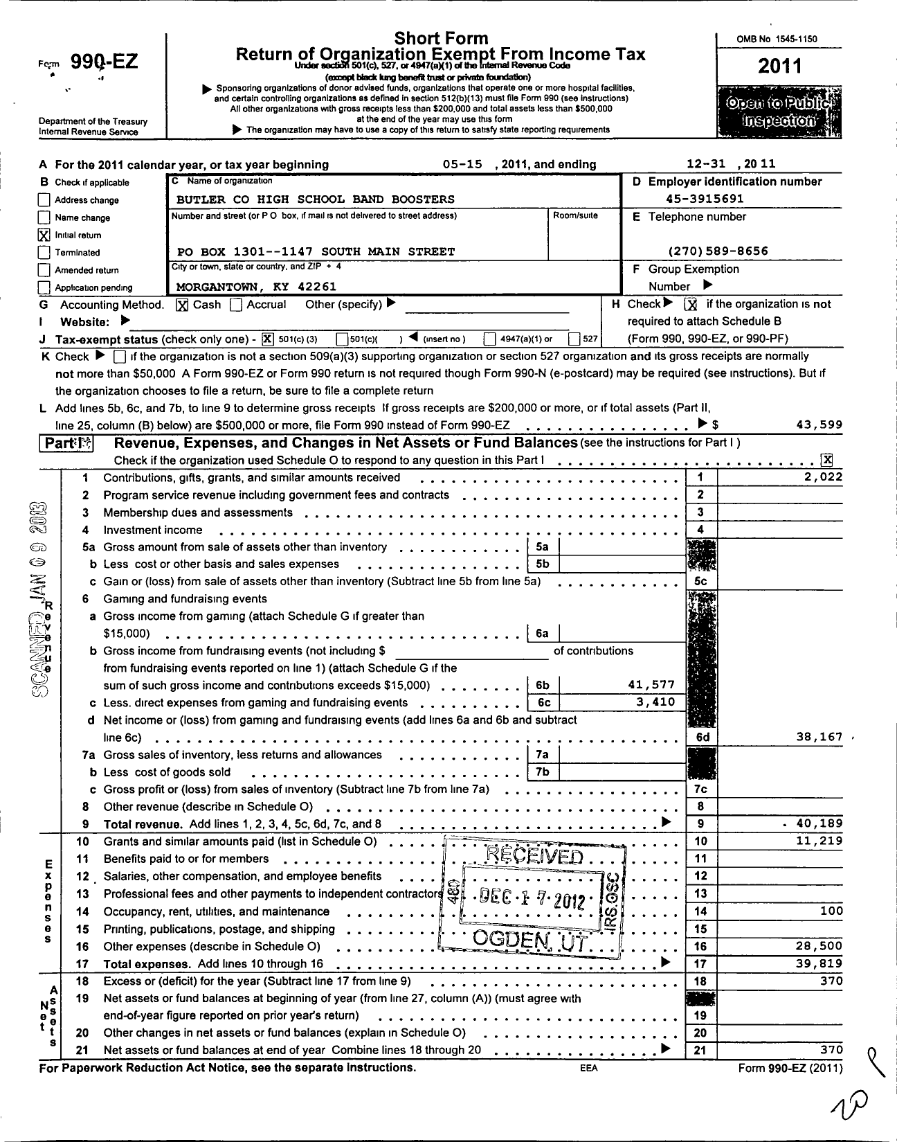 Image of first page of 2011 Form 990EZ for Butler County High School Band Boosters