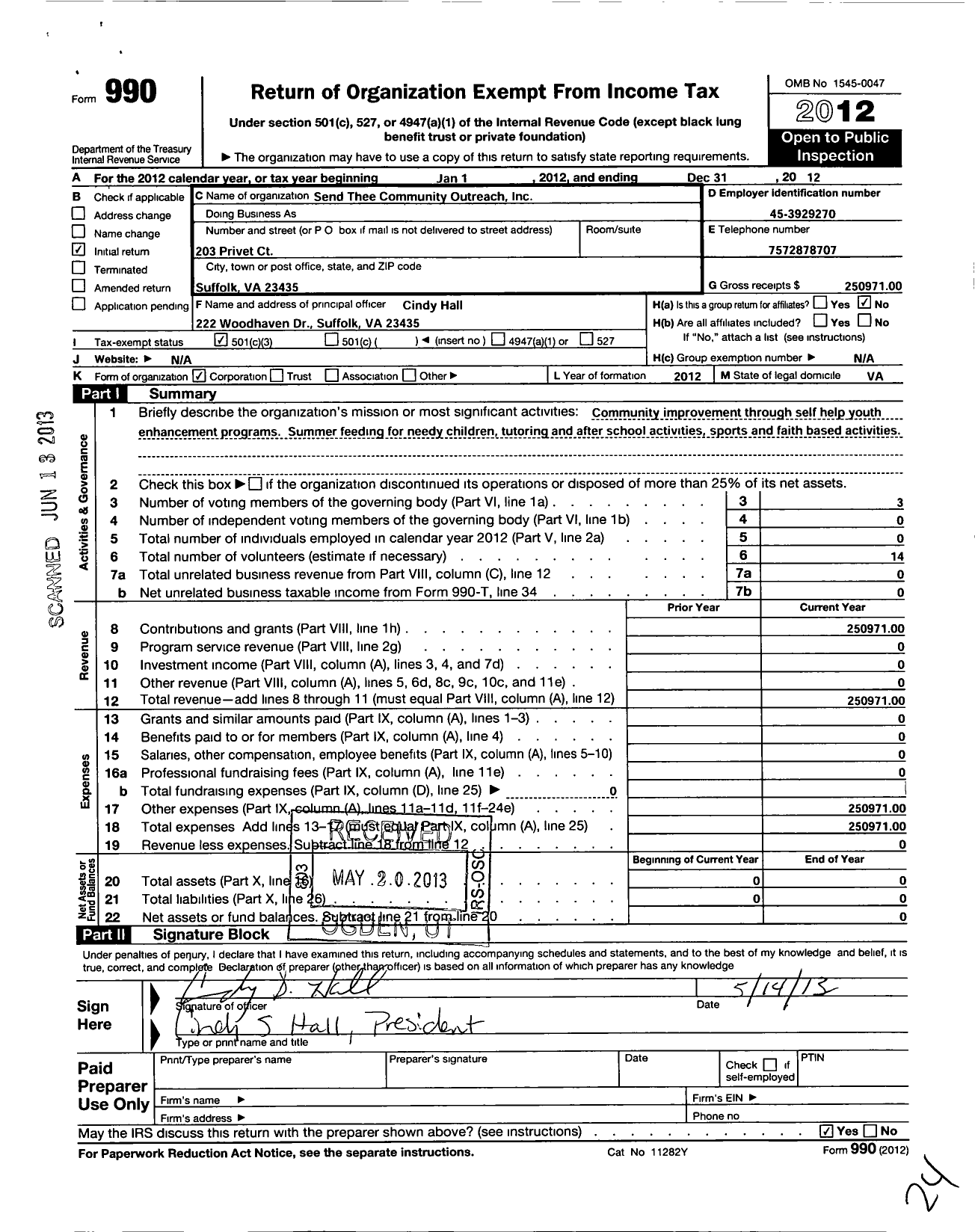 Image of first page of 2012 Form 990 for Send Thee Community Outreach