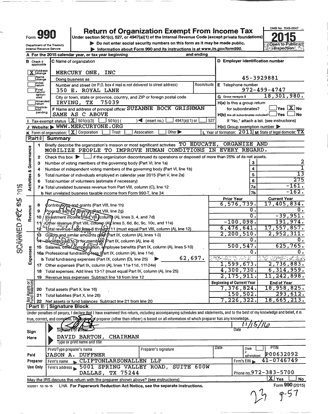 Image of first page of 2015 Form 990 for Mercury One