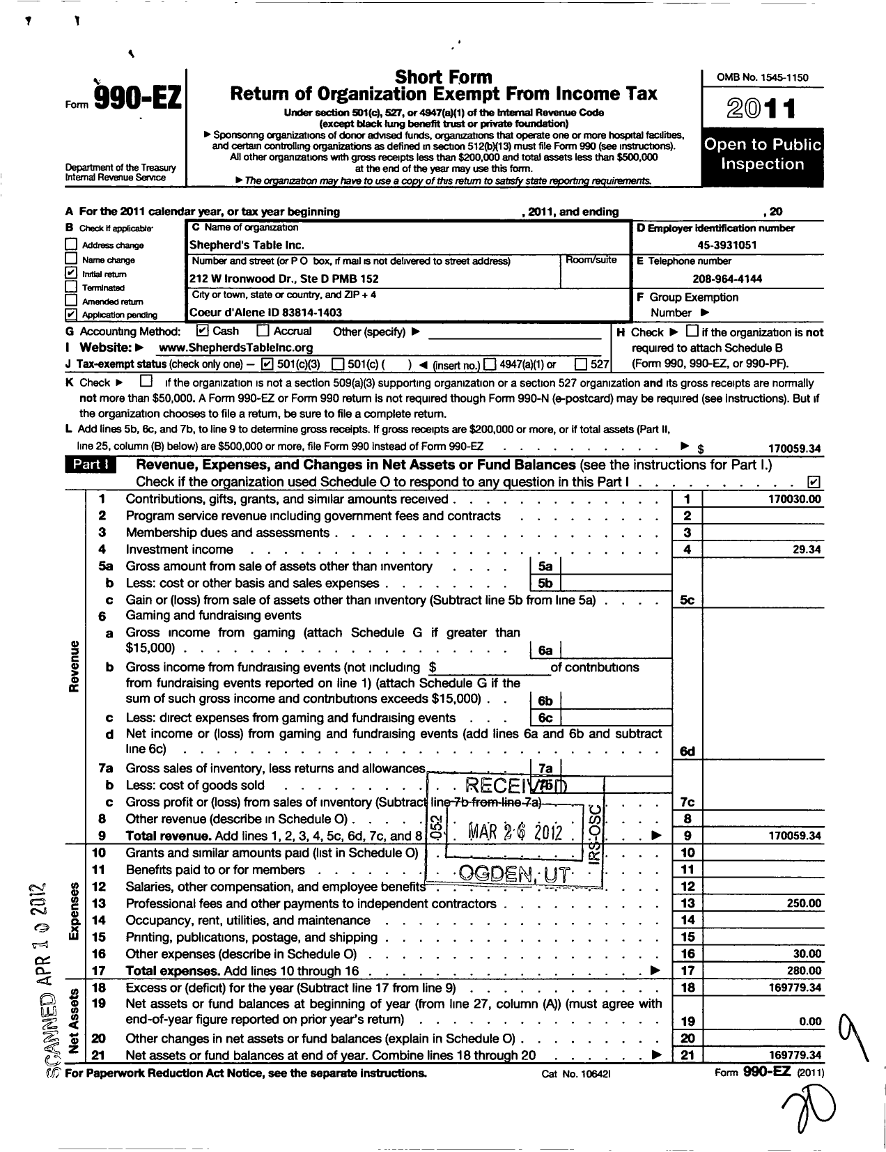 Image of first page of 2011 Form 990EZ for Shepherds Table