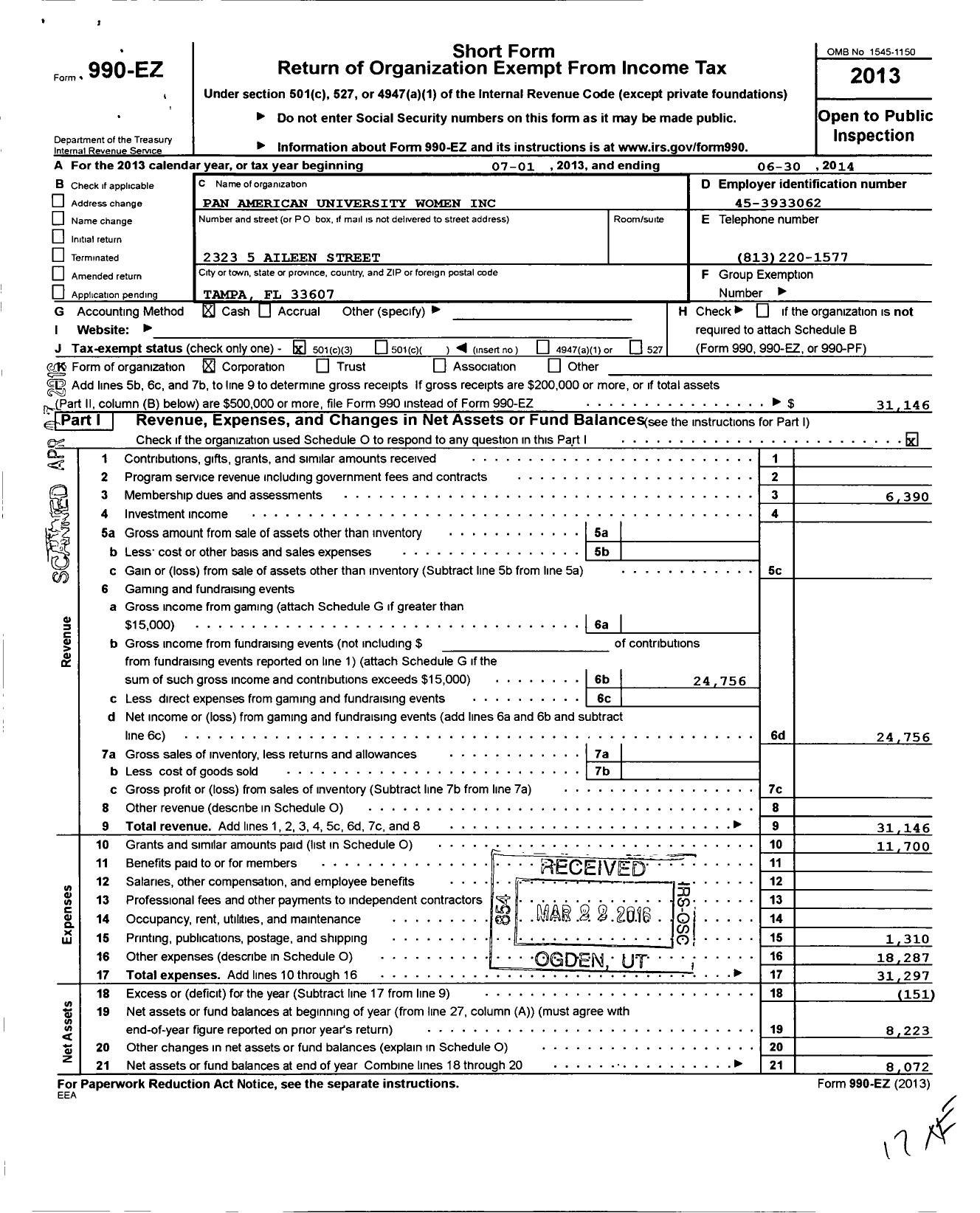 Image of first page of 2013 Form 990EZ for Pan American University Women