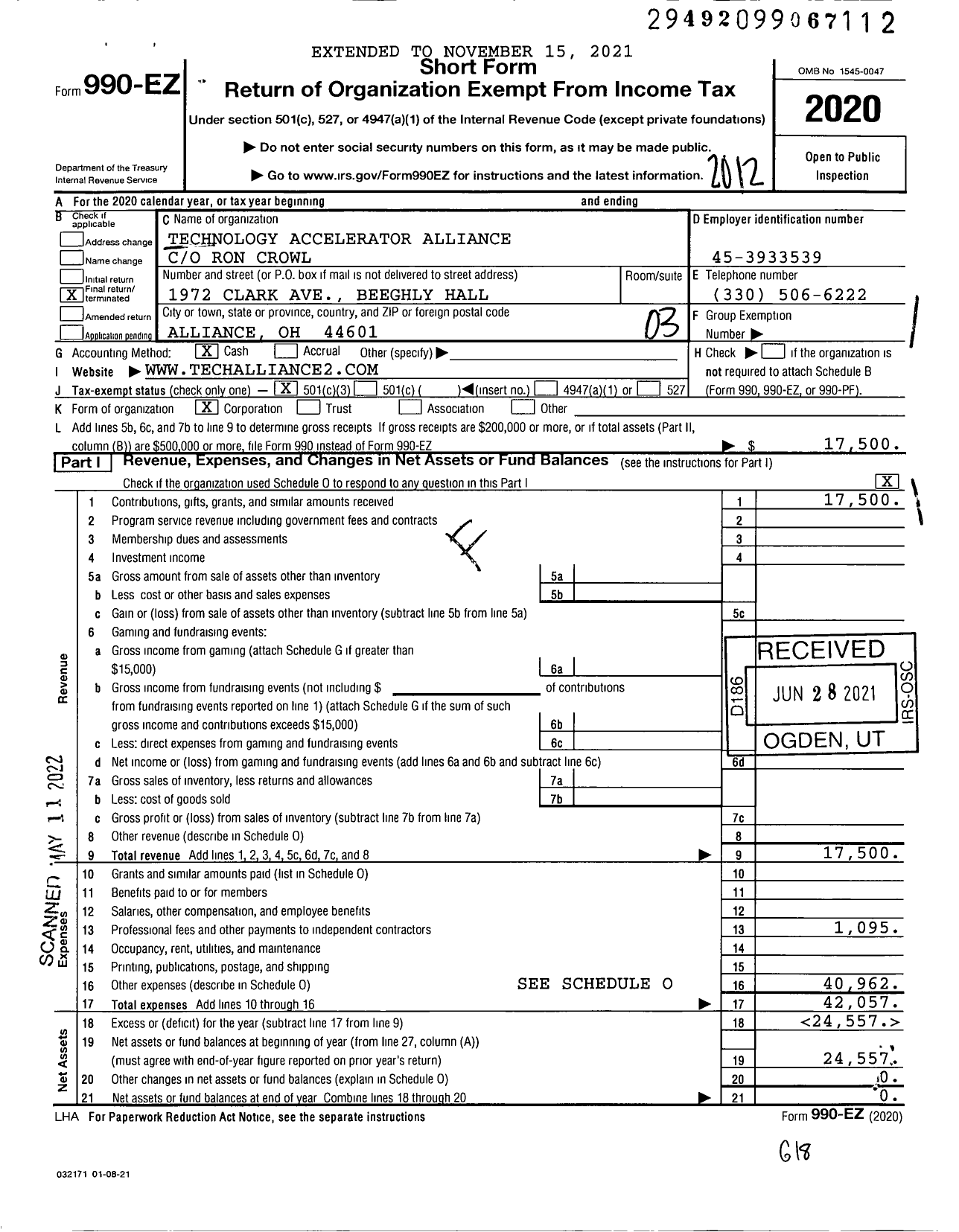 Image of first page of 2020 Form 990EZ for Technology Accelerator Alliance