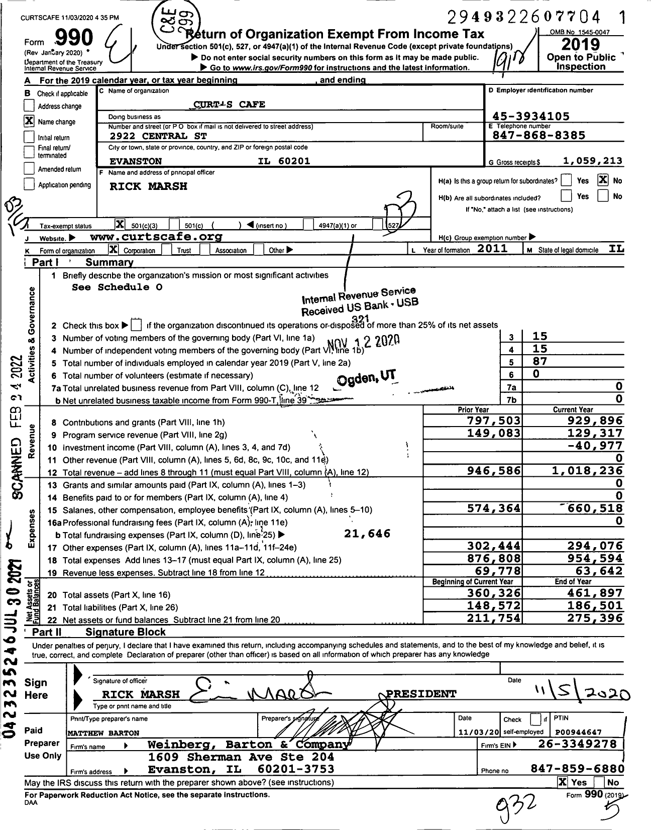 Image of first page of 2019 Form 990 for Curt's Cafe