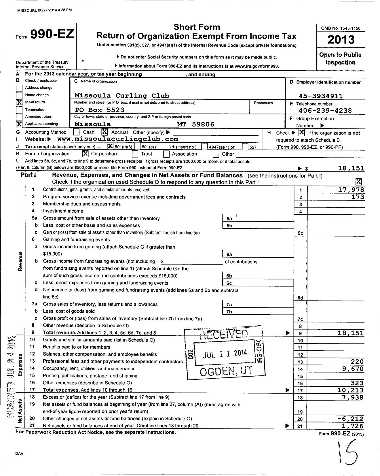 Image of first page of 2013 Form 990EZ for Missoula Curling Club