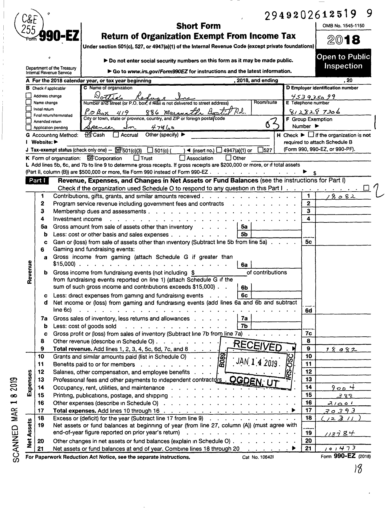 Image of first page of 2018 Form 990EZ for Dotties Refuge