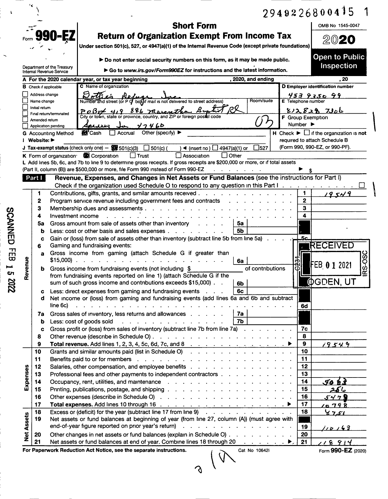 Image of first page of 2020 Form 990EZ for Dotties Refuge