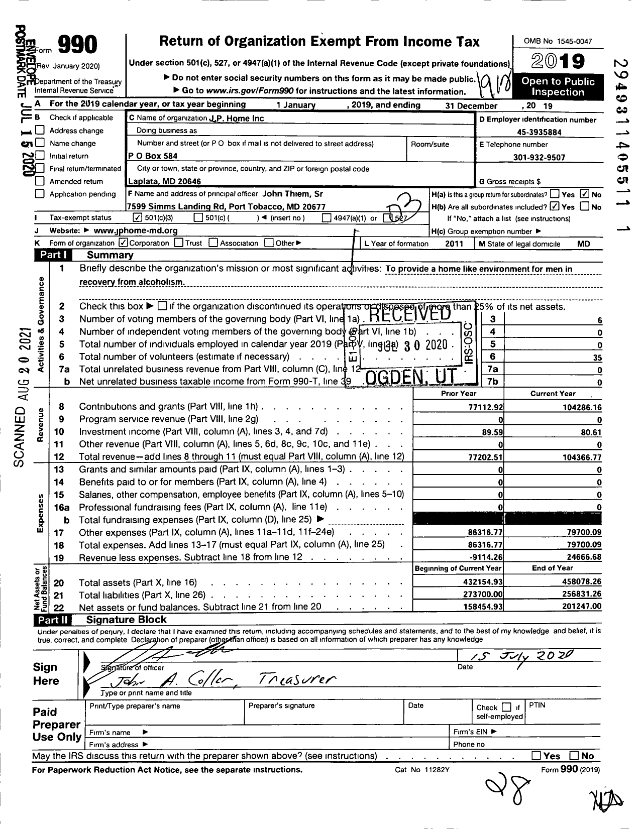 Image of first page of 2019 Form 990 for The JP Home