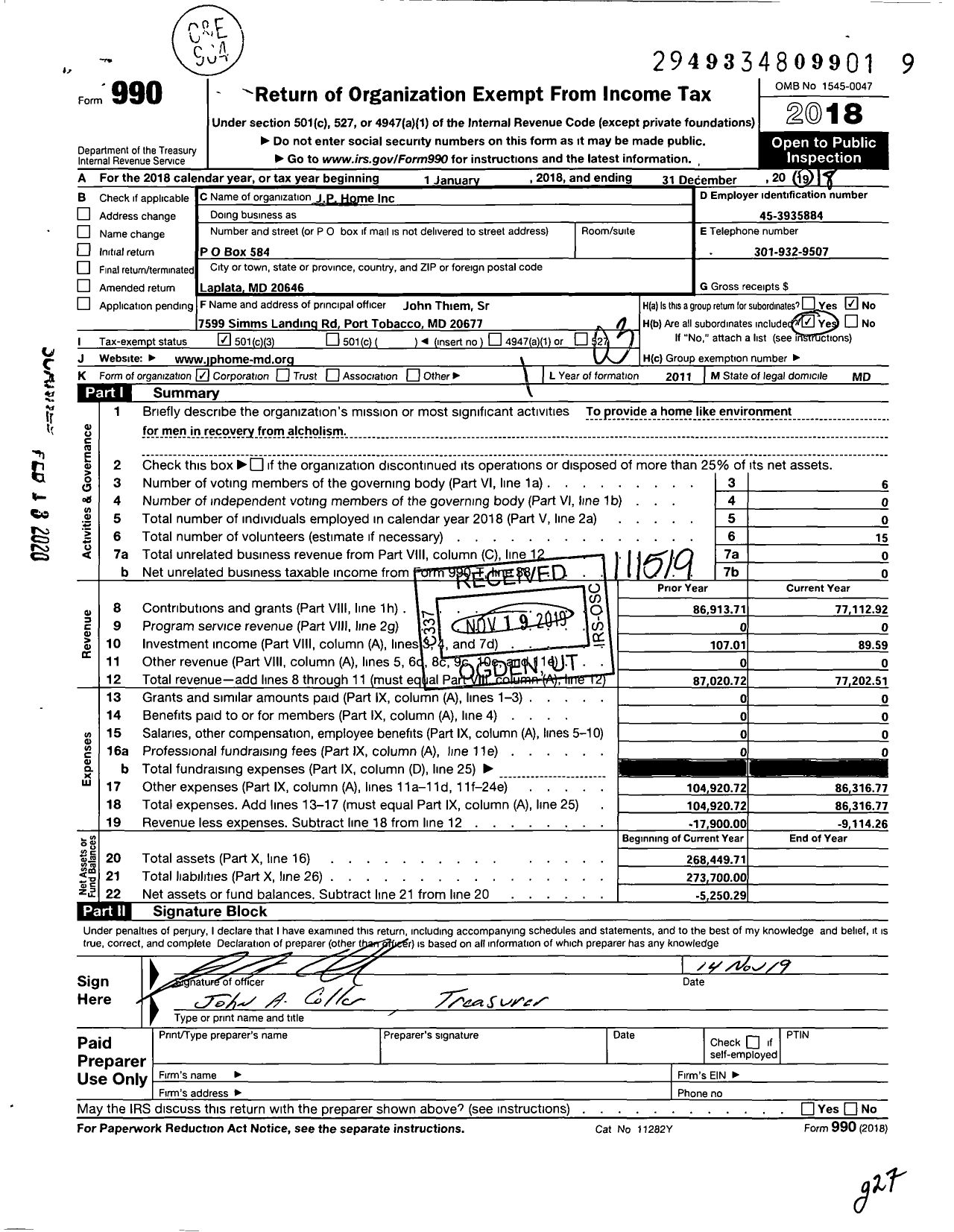 Image of first page of 2018 Form 990 for The JP Home