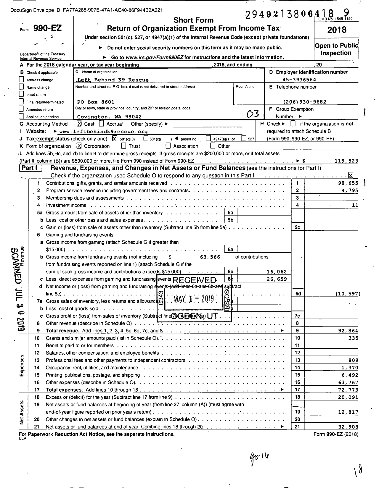 Image of first page of 2018 Form 990EZ for Left Behind K9 Rescue