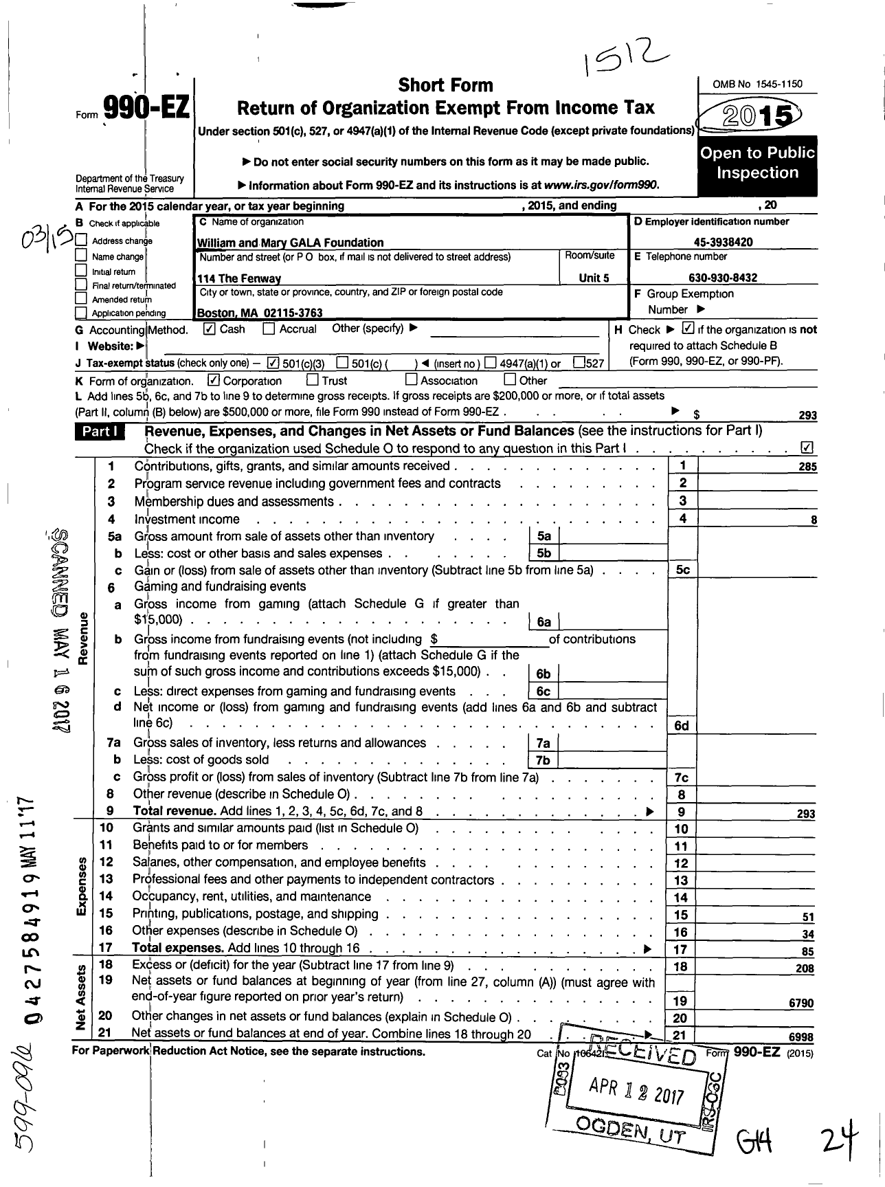 Image of first page of 2015 Form 990EZ for William and Mary Gala Foundation