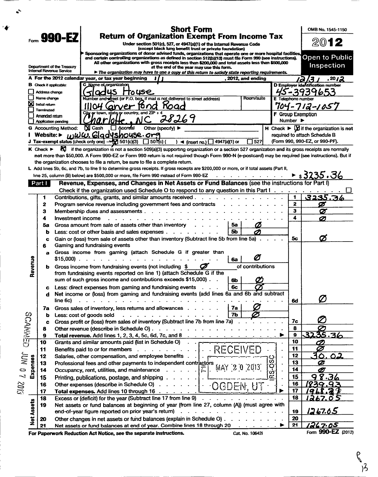 Image of first page of 2012 Form 990EZ for Gladys House