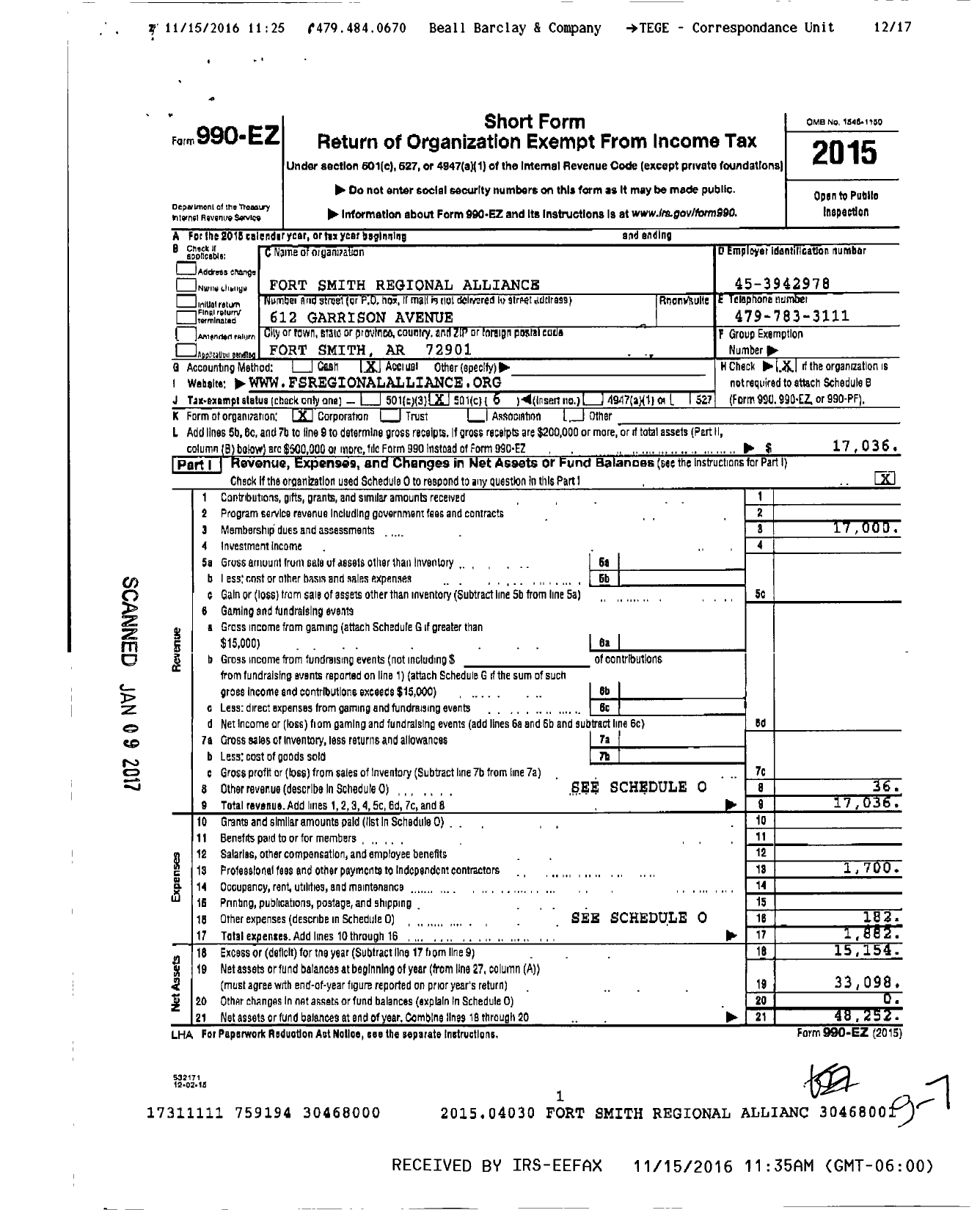 Image of first page of 2015 Form 990EO for Fort Smith Regional Alliance