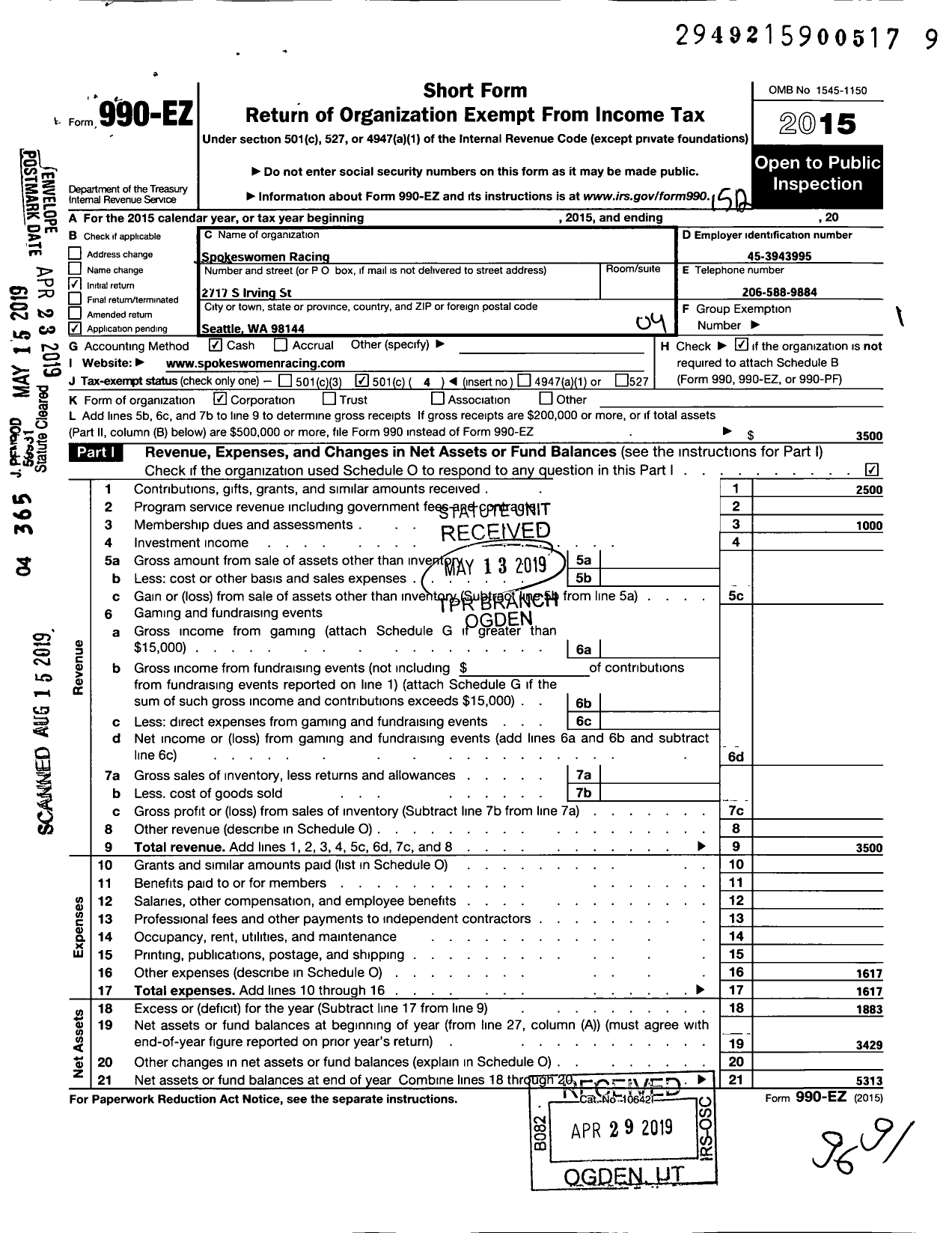 Image of first page of 2015 Form 990EO for Spokeswomen Racing