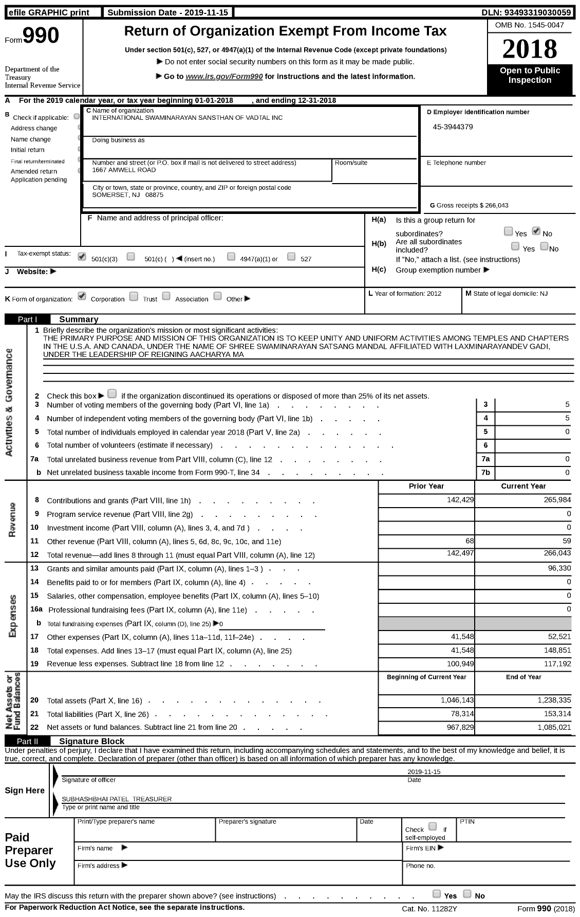 Image of first page of 2018 Form 990 for International Shree Swaminarayan Sansthan of Vadtal