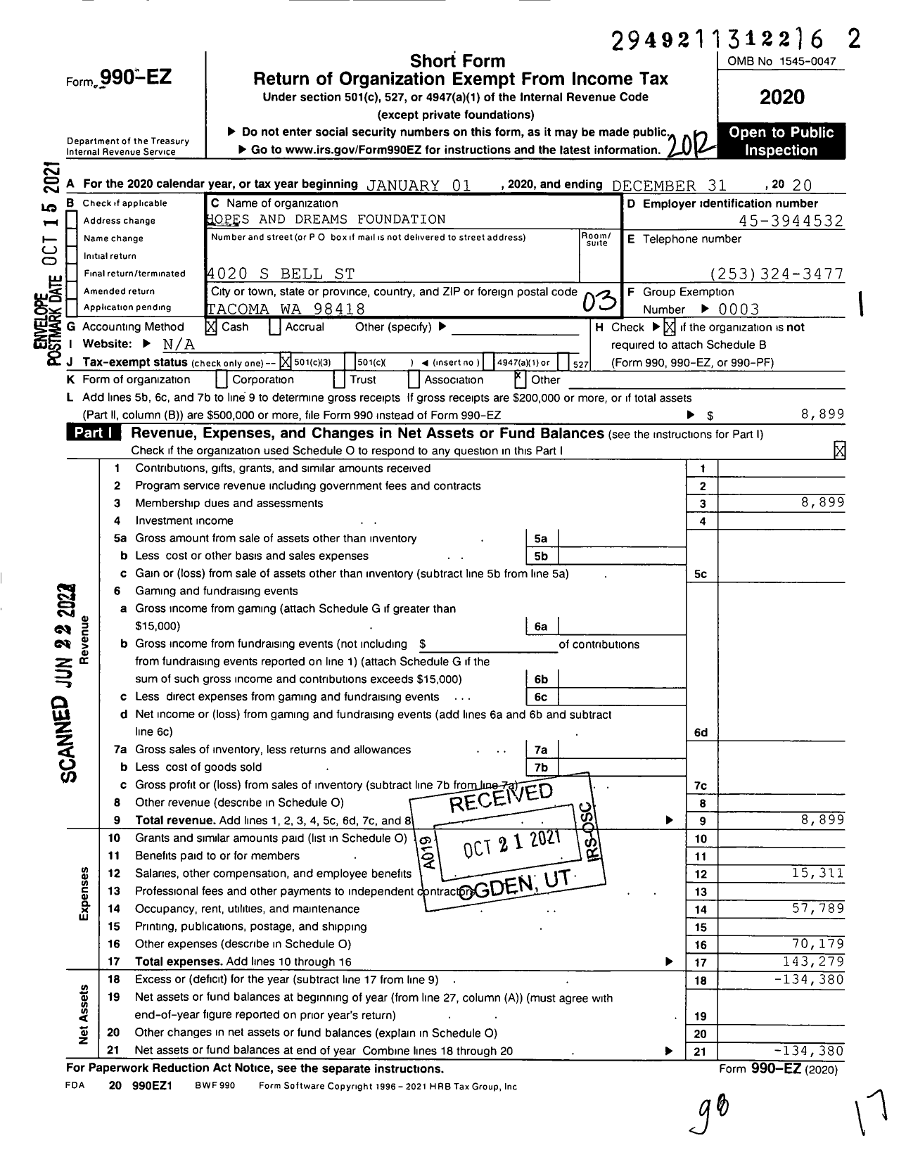 Image of first page of 2020 Form 990EZ for Hopes and Dreams Foundation