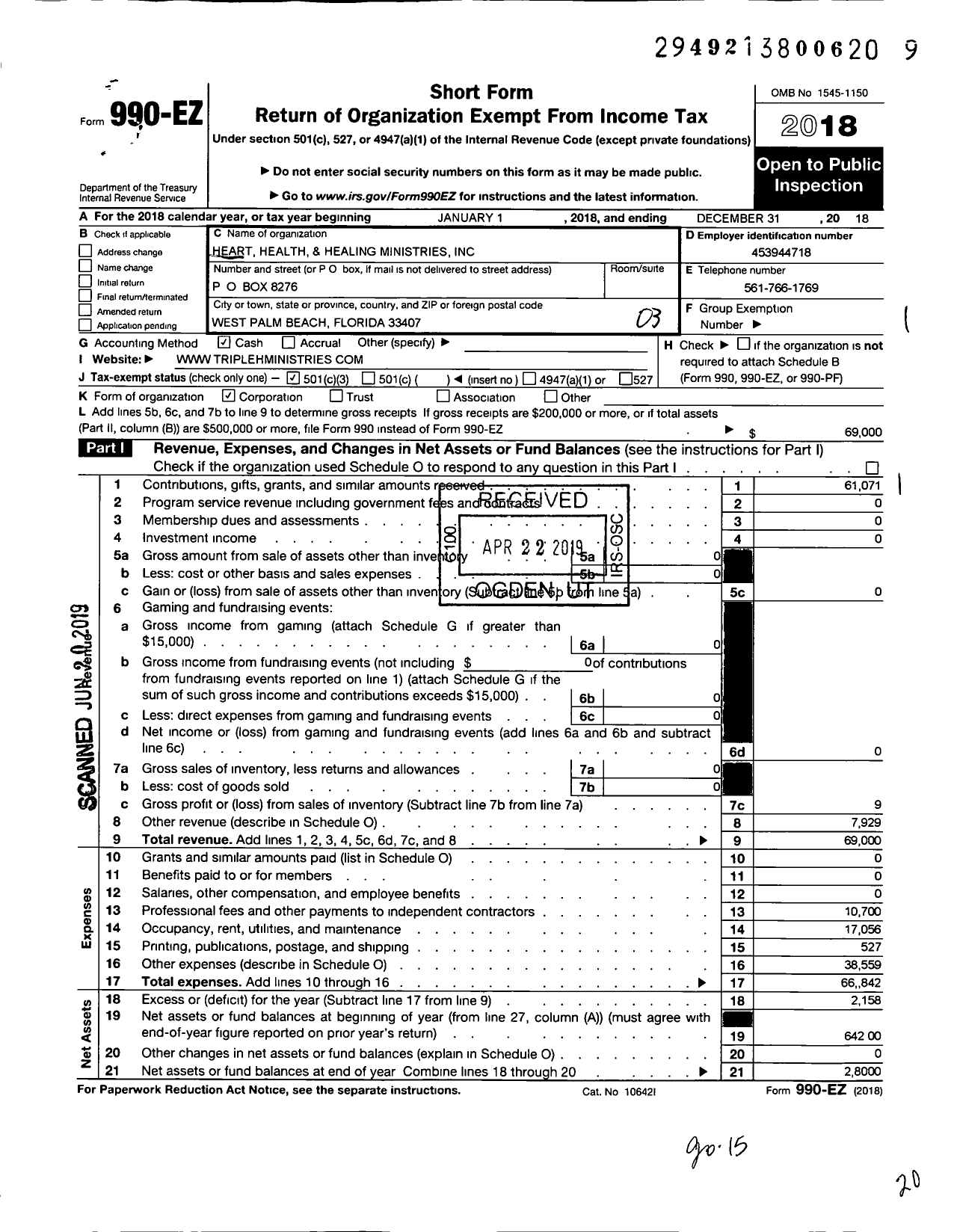 Image of first page of 2018 Form 990EZ for Heart Health and Healing Ministries