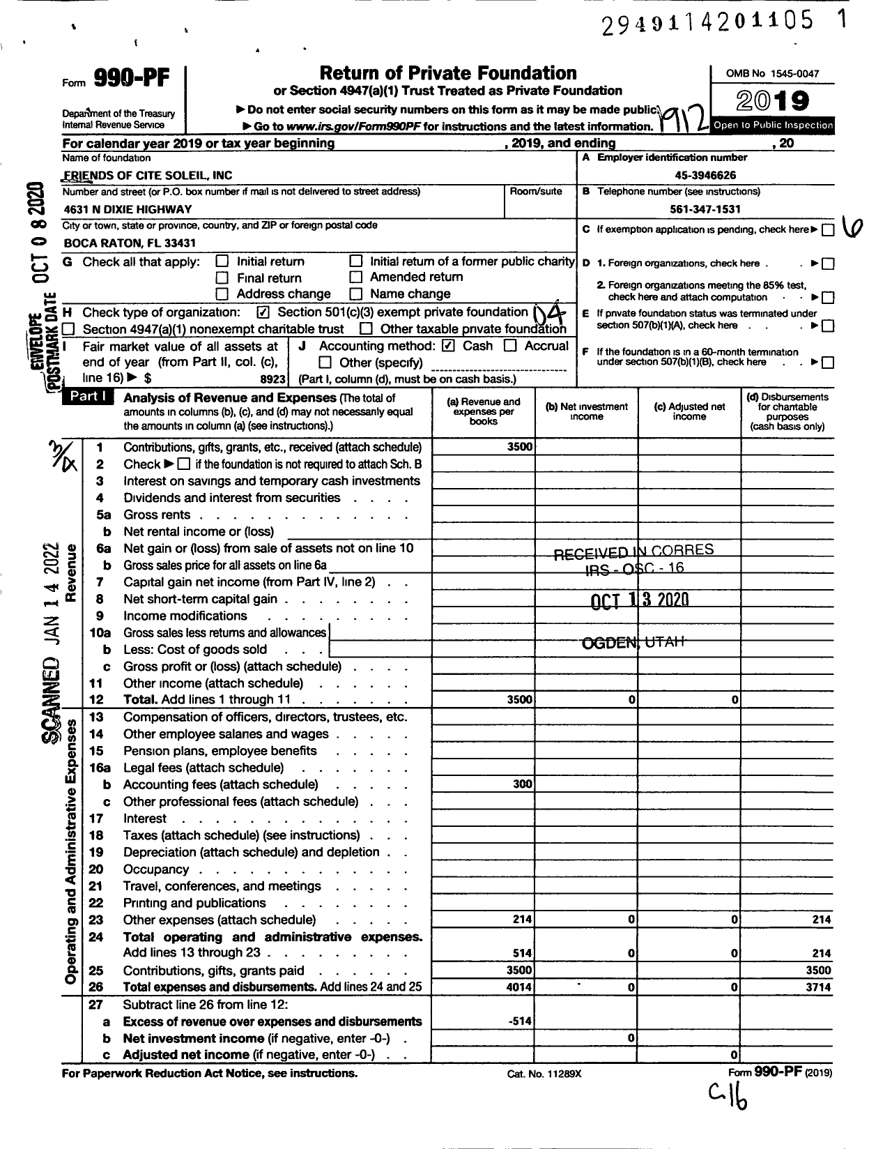 Image of first page of 2019 Form 990PF for Friends of Cite Soleil (FOC-S)