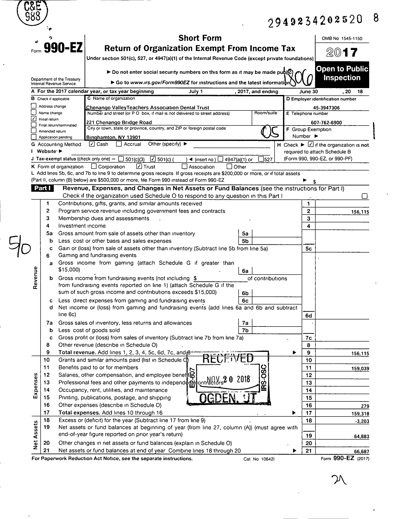 Image of first page of 2017 Form 990EO for Chenango Valley Teachers Association Dental Trust