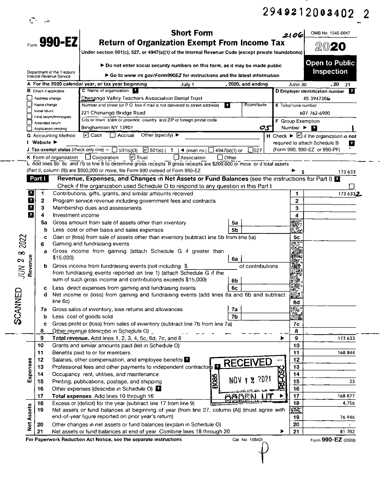 Image of first page of 2020 Form 990EO for Chenango Valley Teachers Association Dental Trust