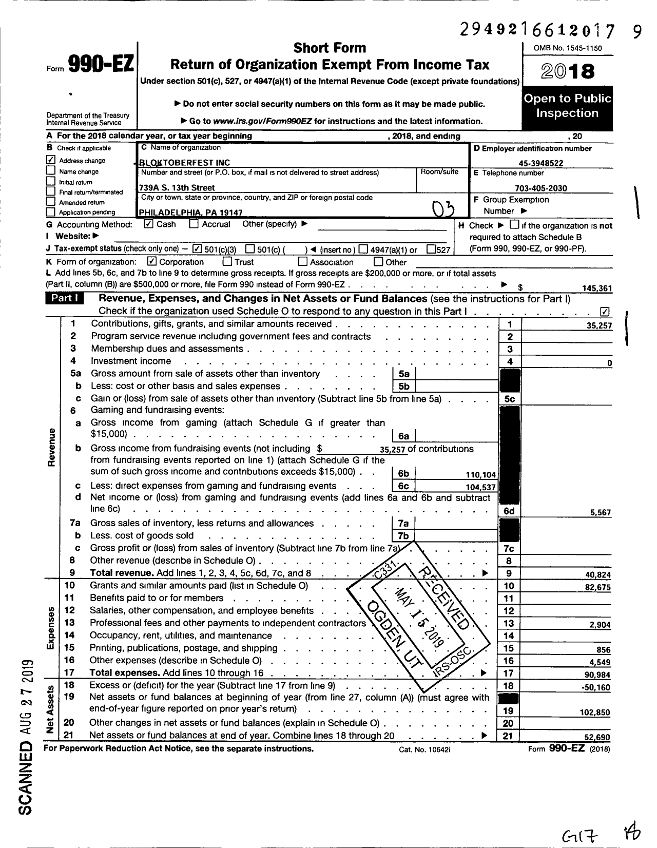 Image of first page of 2018 Form 990EZ for Bloktoberfest