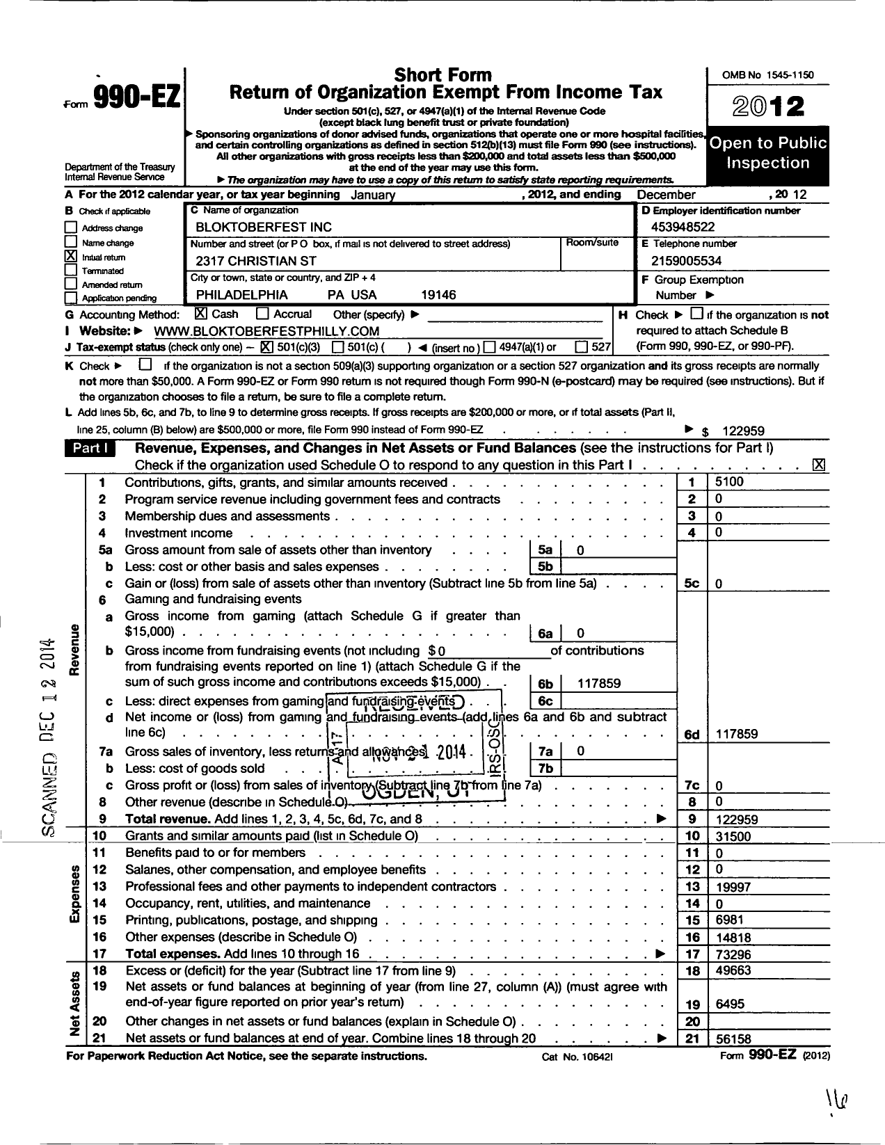 Image of first page of 2012 Form 990EZ for Bloktoberfest