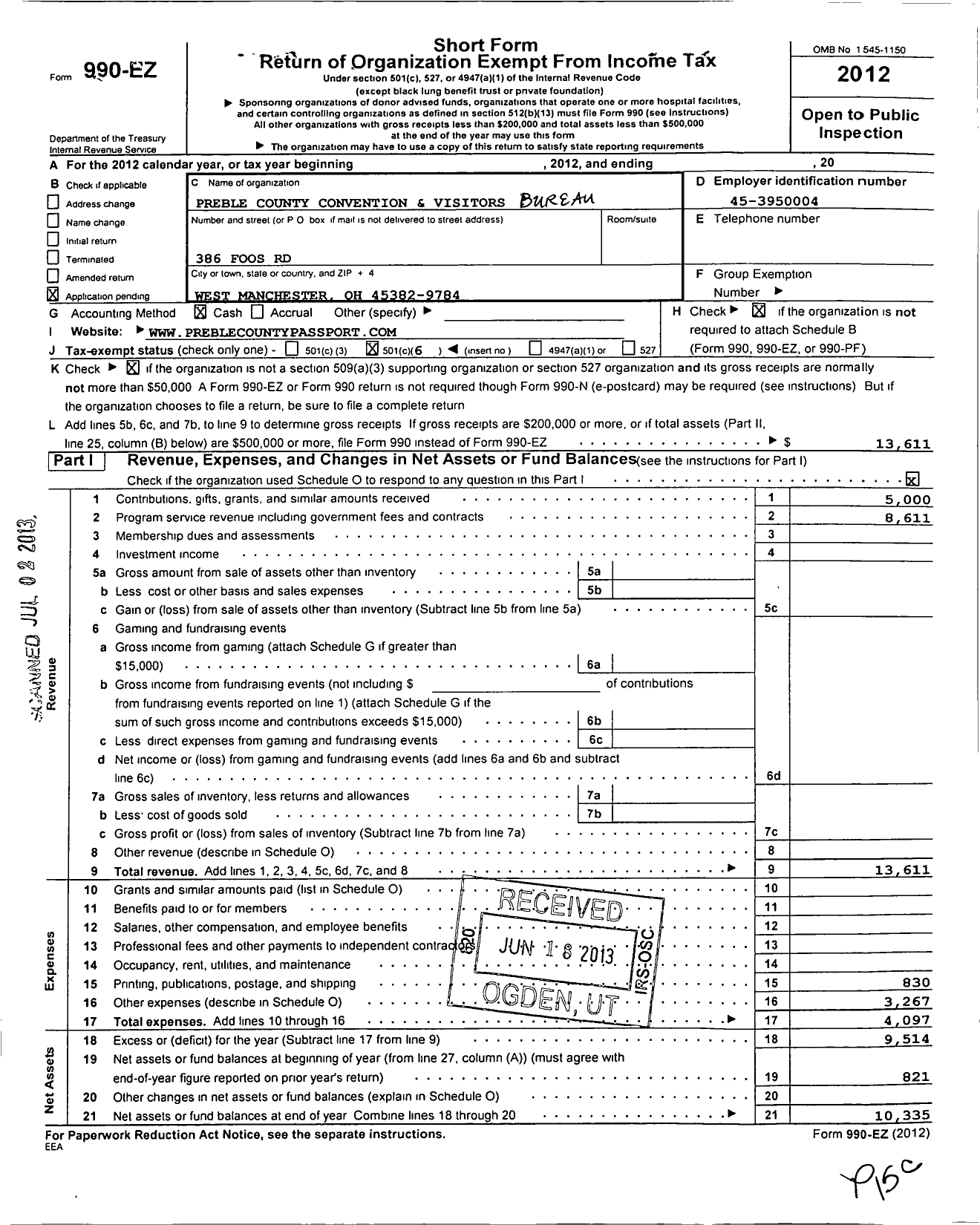 Image of first page of 2012 Form 990EO for Preble County Convention and Visitors Bureau