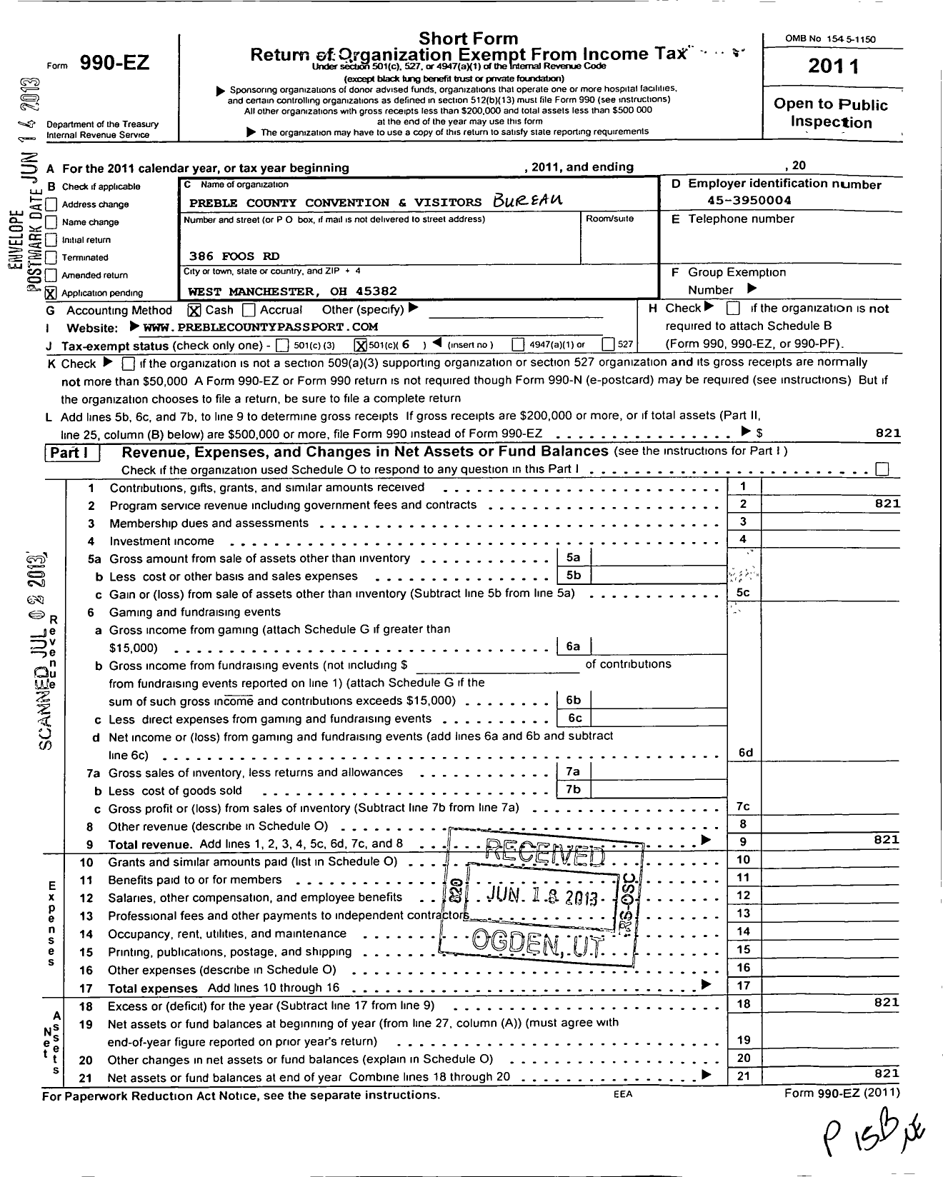 Image of first page of 2011 Form 990EO for Preble County Convention and Visitors Bureau