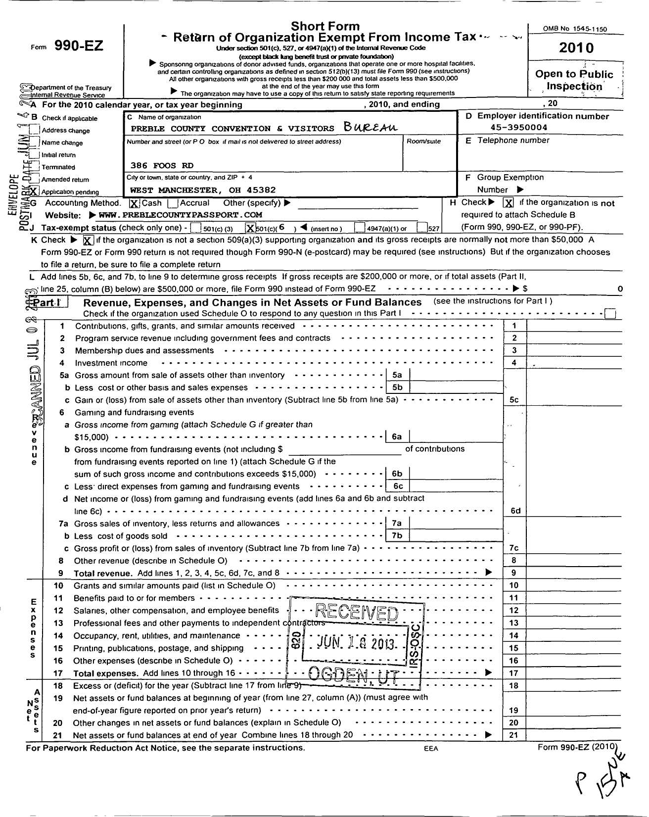 Image of first page of 2010 Form 990EO for Preble County Convention and Visitors Bureau