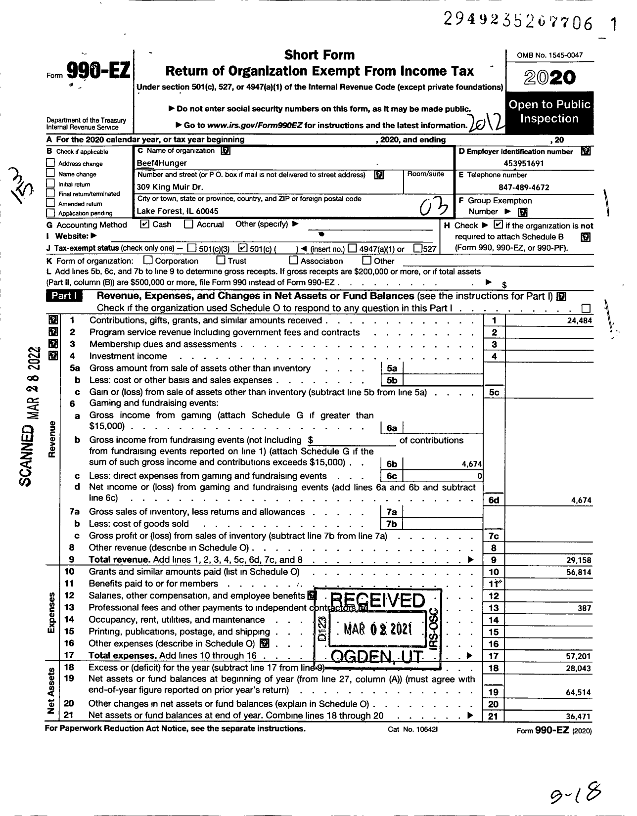 Image of first page of 2020 Form 990EZ for Beef 4 Hunger