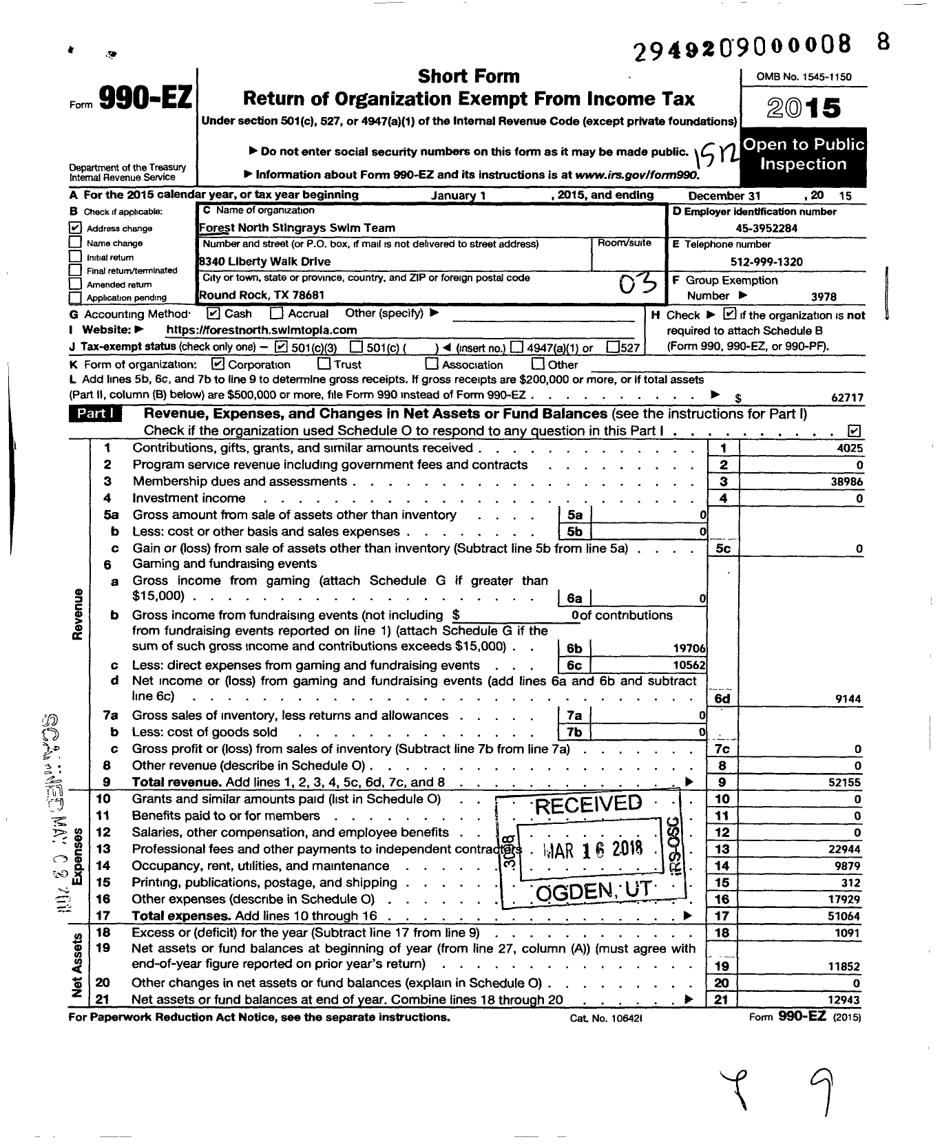 Image of first page of 2015 Form 990EZ for Forest North Stingrays Swim Team