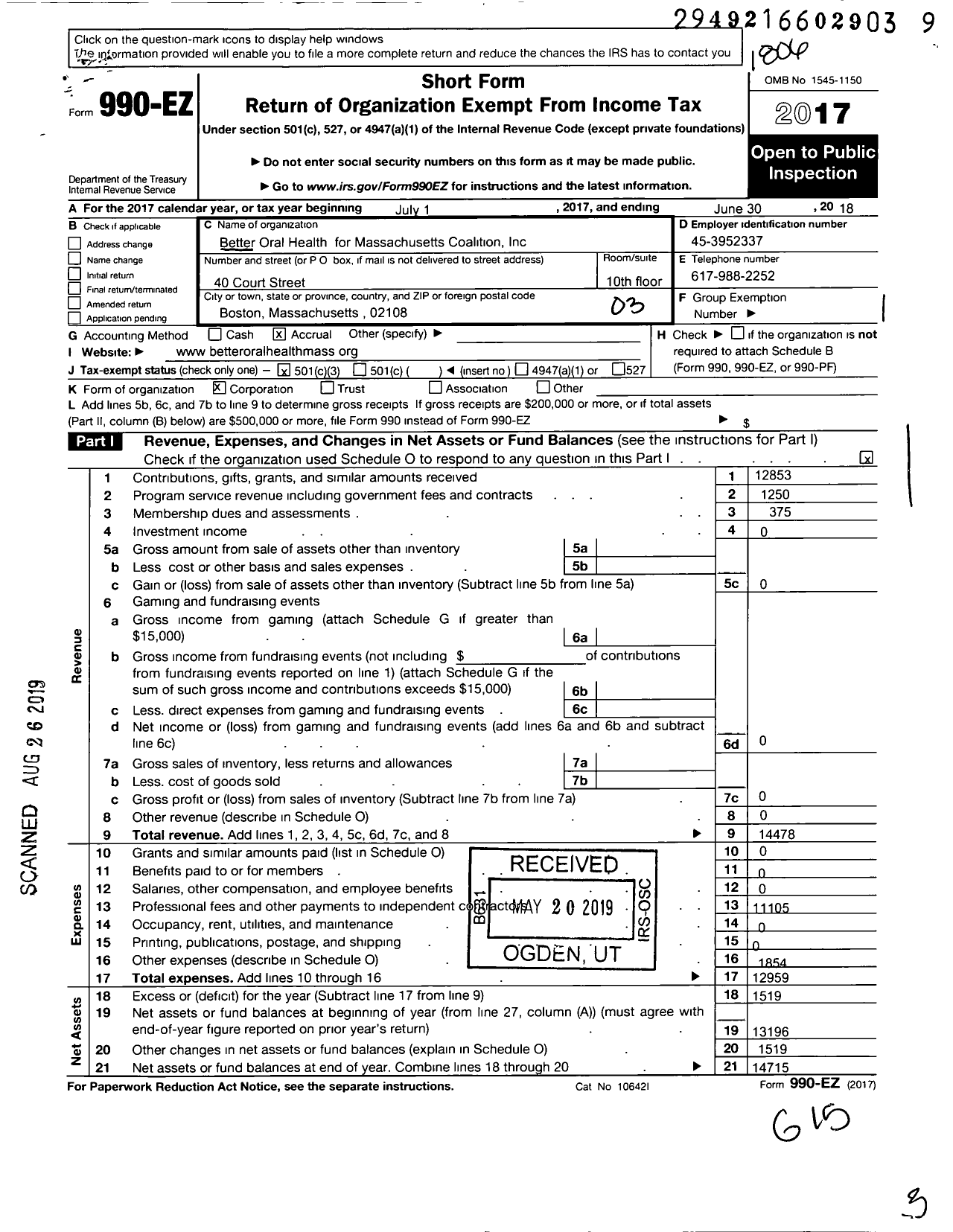 Image of first page of 2017 Form 990EZ for Better Oral Health for Massachusetts Coalition