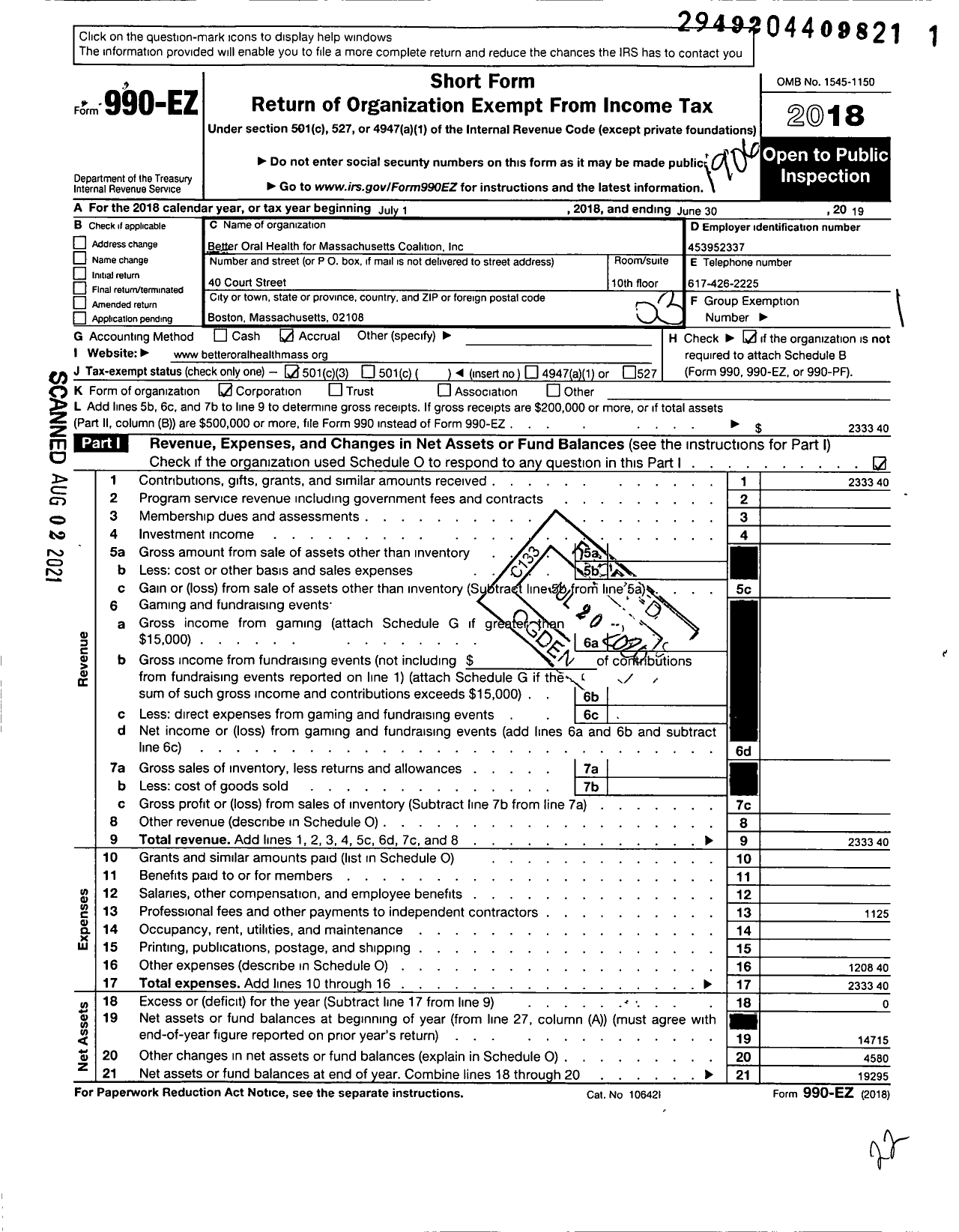 Image of first page of 2018 Form 990EZ for Better Oral Health for Massachusetts Coalition