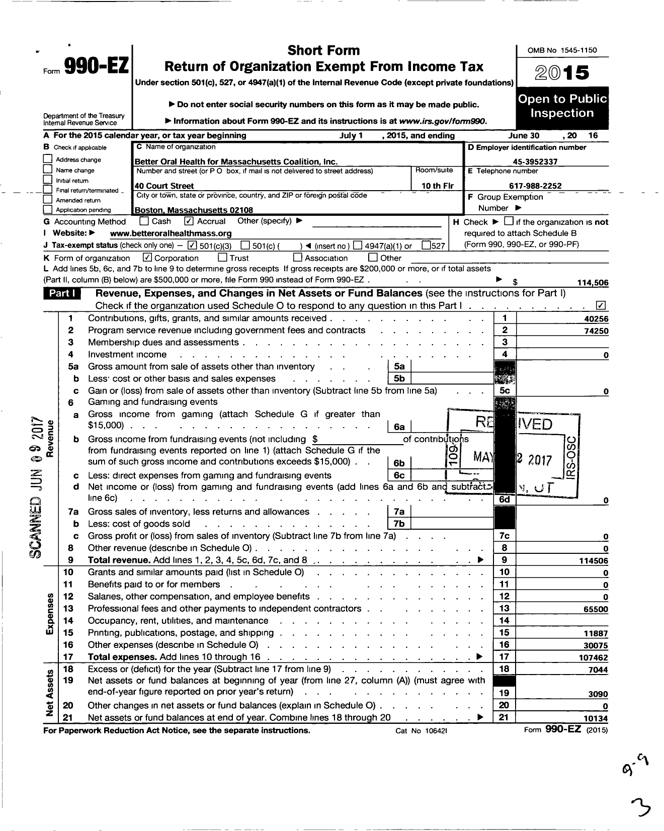 Image of first page of 2015 Form 990EZ for Better Oral Health for Massachusetts Coalition