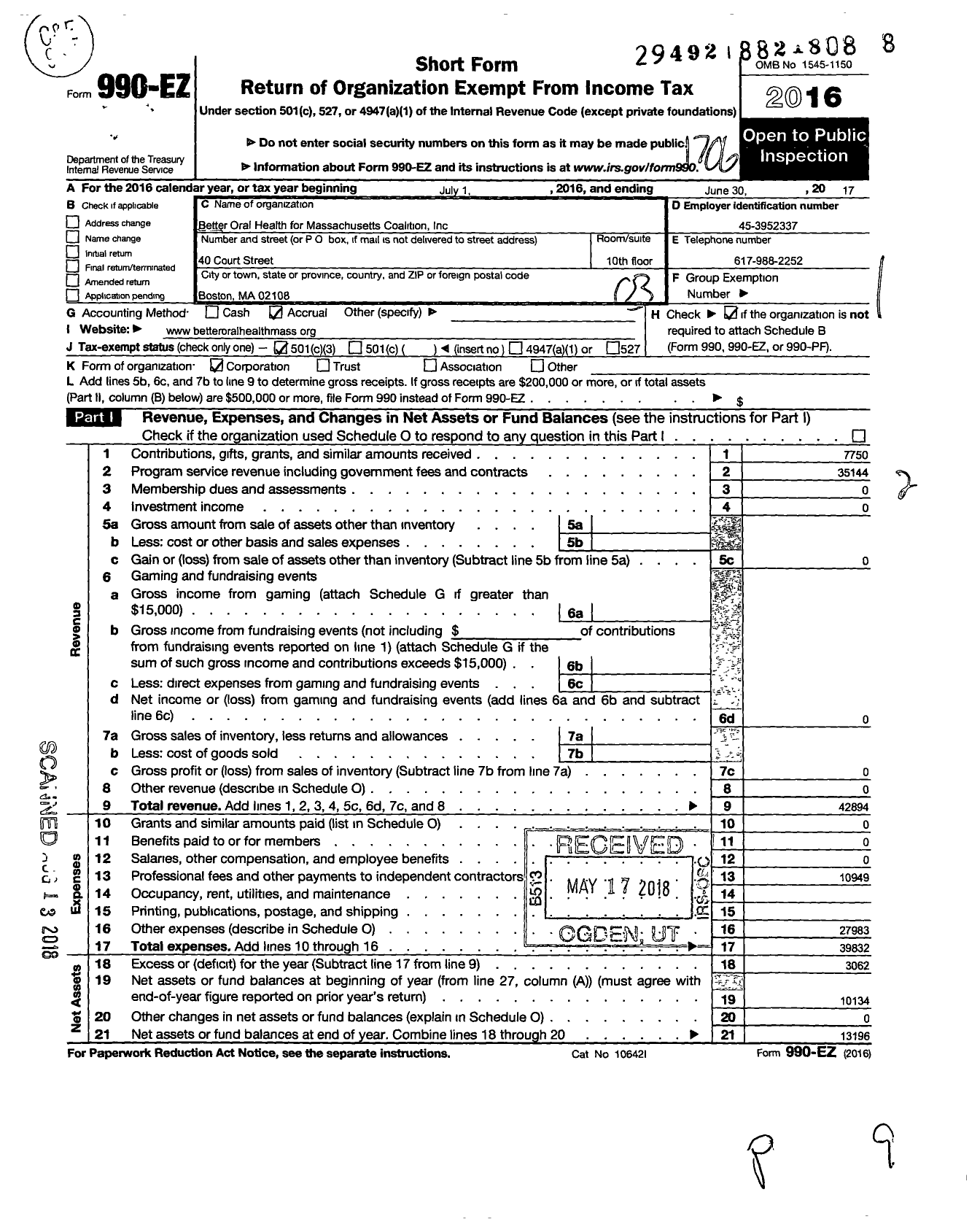 Image of first page of 2016 Form 990EZ for Better Oral Health for Massachusetts Coalition